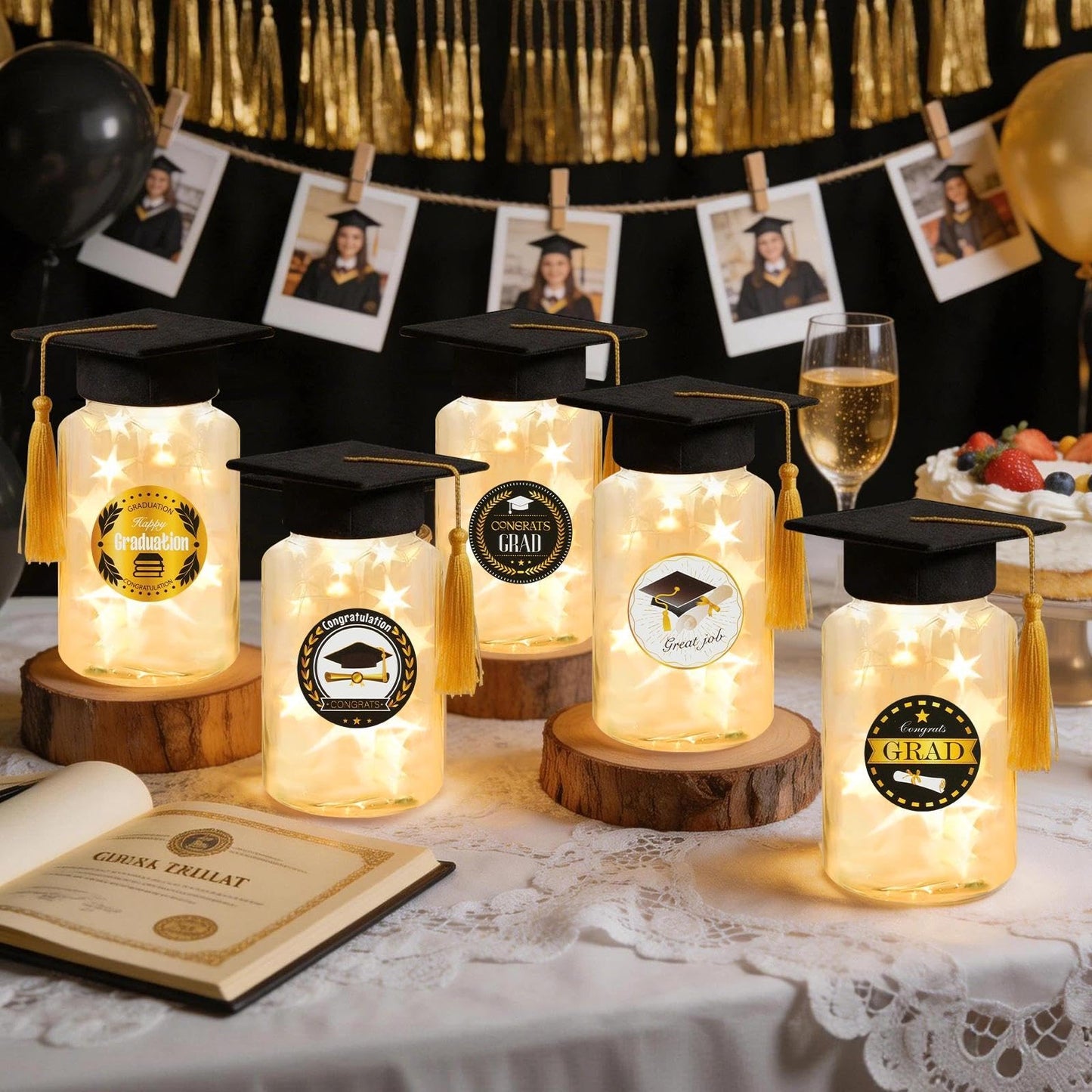 12 Pack Graduation Table Decoration Set, 2026 Grad Jar Table Centerpieces, Includes Black Felt Grad Hat, LED Lights, Stickers and Tracing Paper for High School and College Graduation Party Supplies
