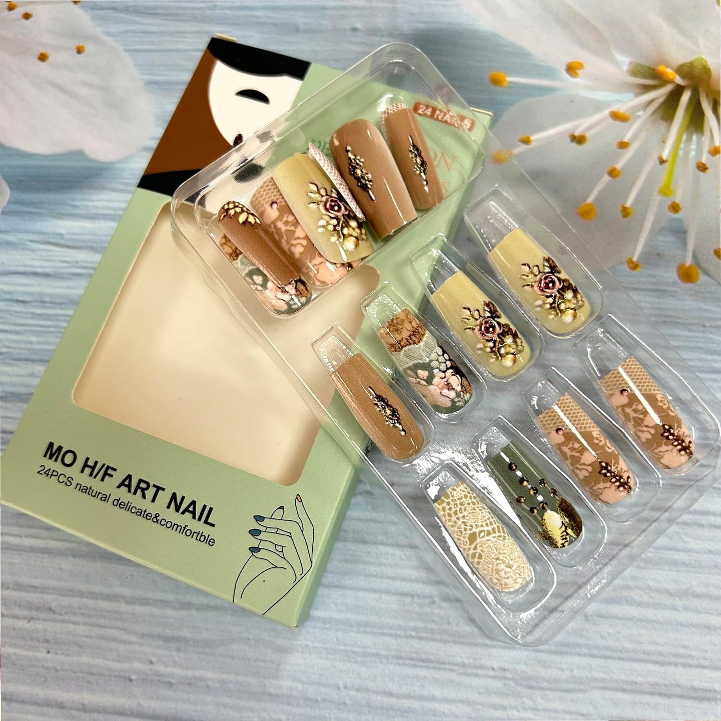 CJDLTS Flower Press on Nails Medium Ballet Shaped Rose Floral Lace Pattern Design Full Cover Glossy Acrylic False Nail Artificial Press Ons Fake Nail DIY Reusable Glue on Nails for Women 24Pcs