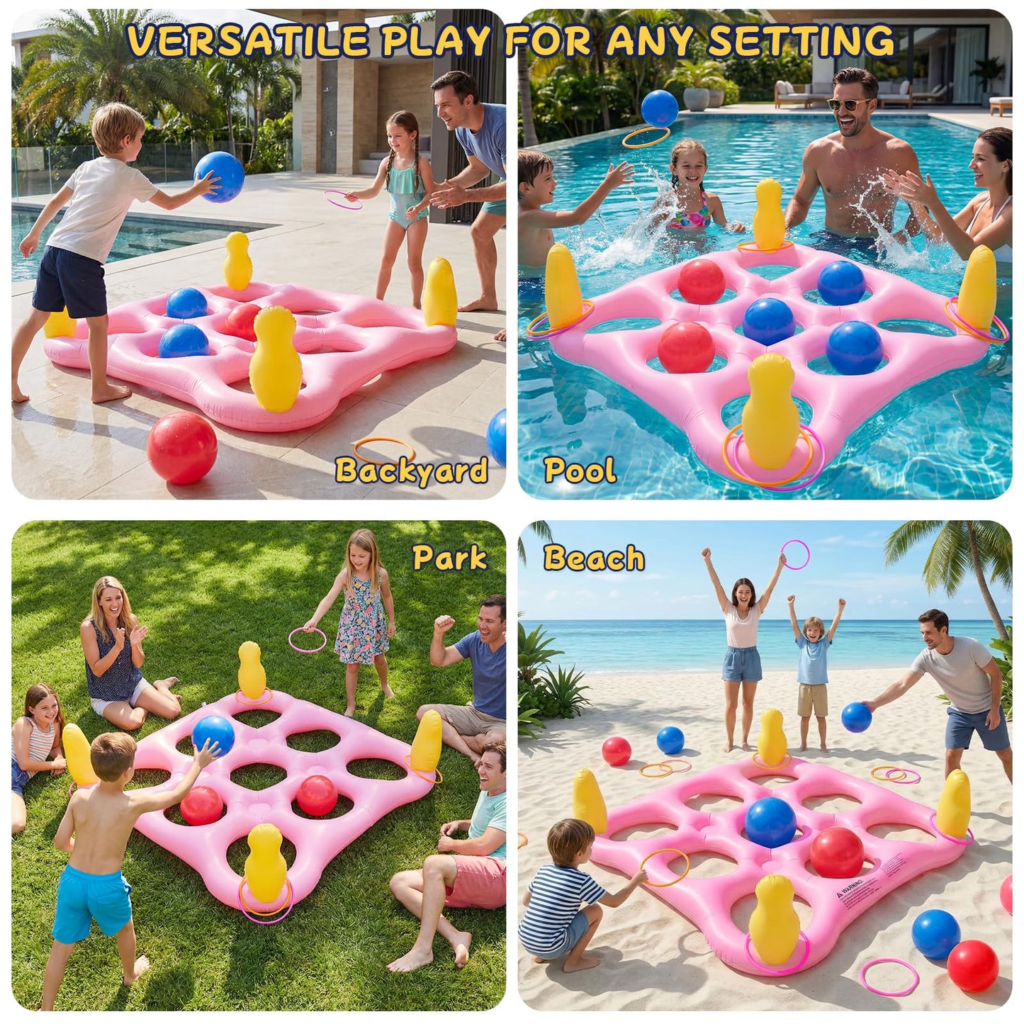 ECHTPower Tic-Tac-Toe Pool Toys Games - 2-in-1 Giant Inflatable Pool Floats with Ring Toss Set and 10 Balls, Fun Summer Party Water Beach Float Pool Game for Adults Teens Kids (Pink)