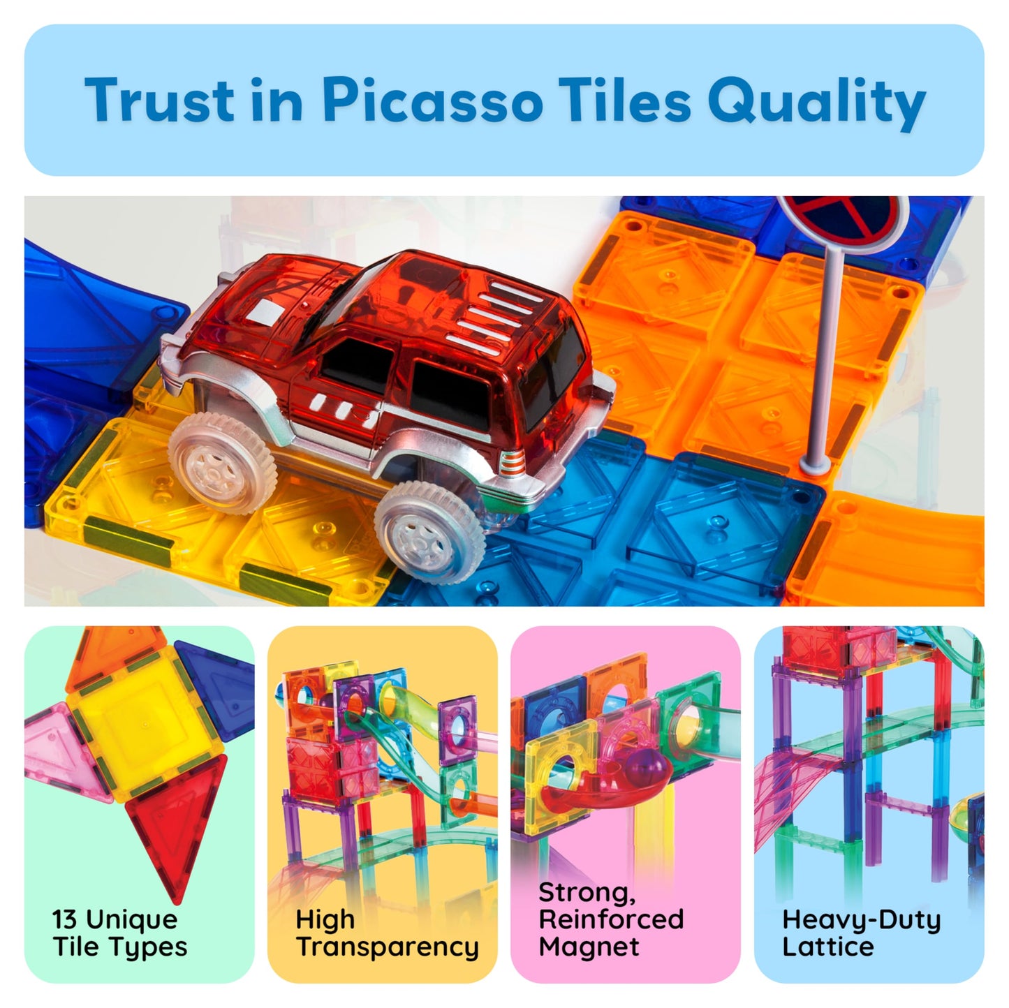 PicassoTiles 108pc Magnetic Marble Run Set with Building Tiles Race Track Car Slides Set STEM Learning Toy 3-in-1 Preschool Construction Kit for Indoor Activity and Development for Kids age 3+ PTG108