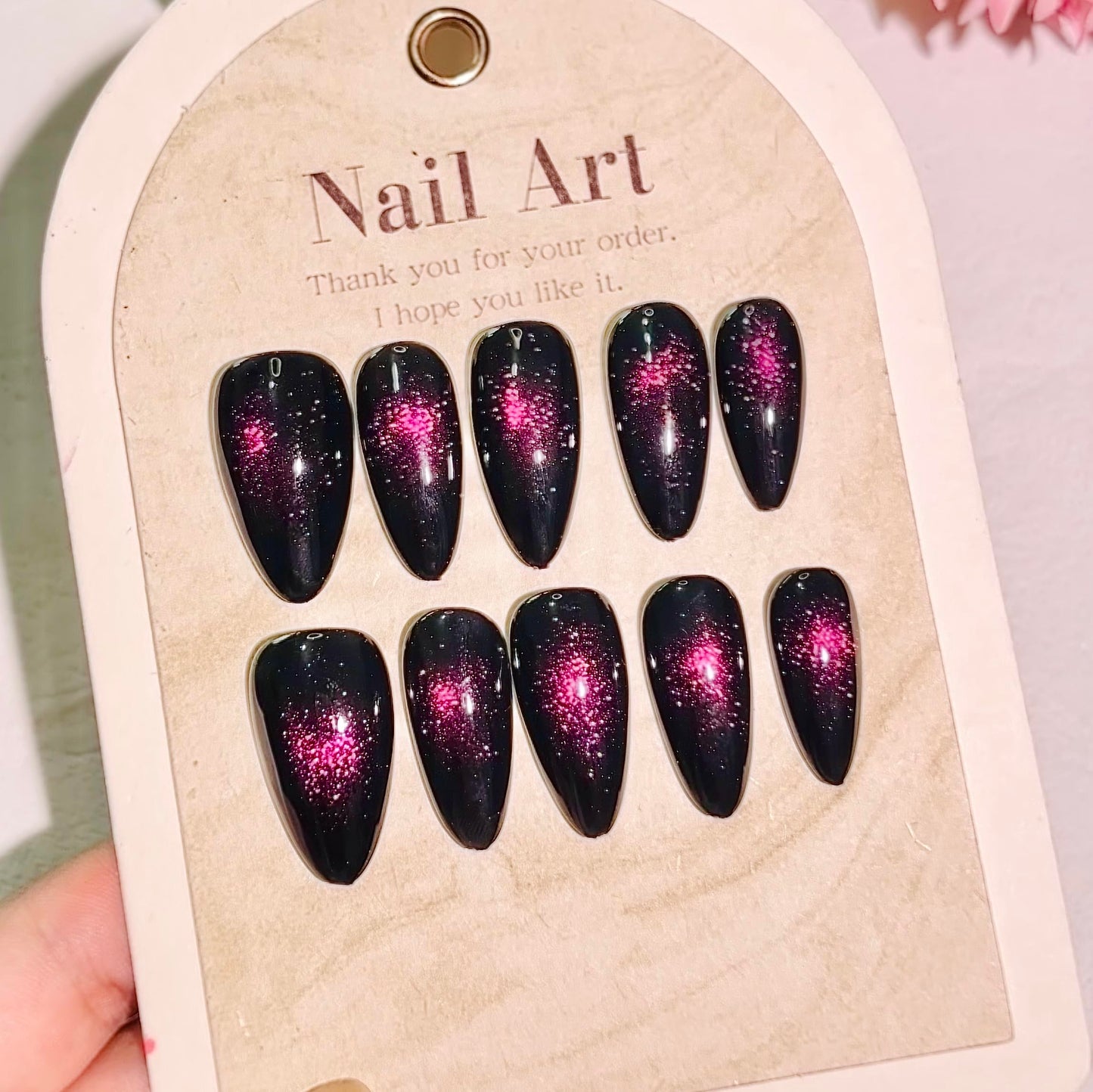 Handmade Holographic Cat Eye Press on Nails Medium Almond-Dark Fake Nails Press Ons Chrome Black, Reusable cat eye press on nails (M, 02)