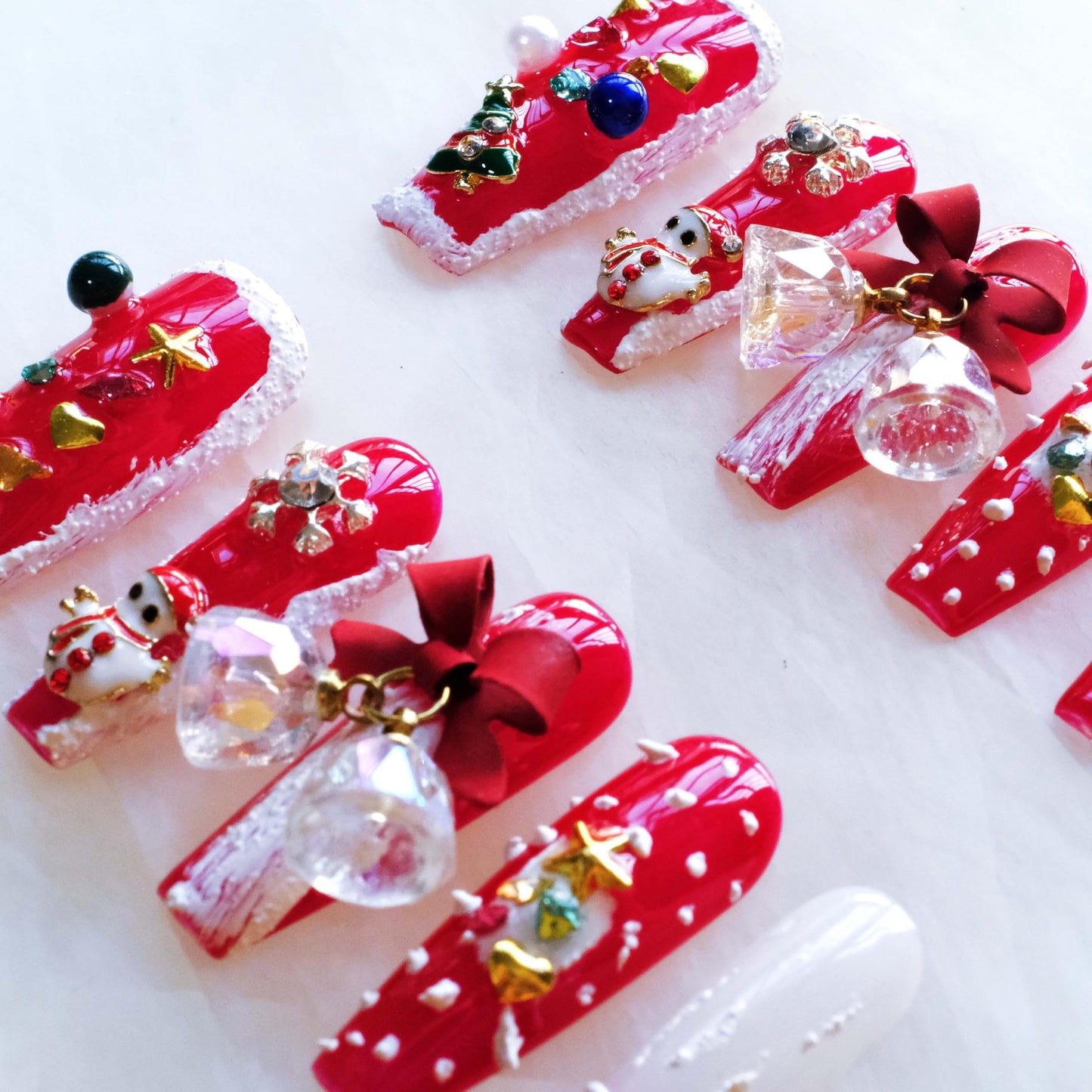 GLORS Christmas Press-On Nails, Long Ballerina Shape, Red and White Design with Snowman, Bows and Snowflakes, 10 Pieces (Small, LS)