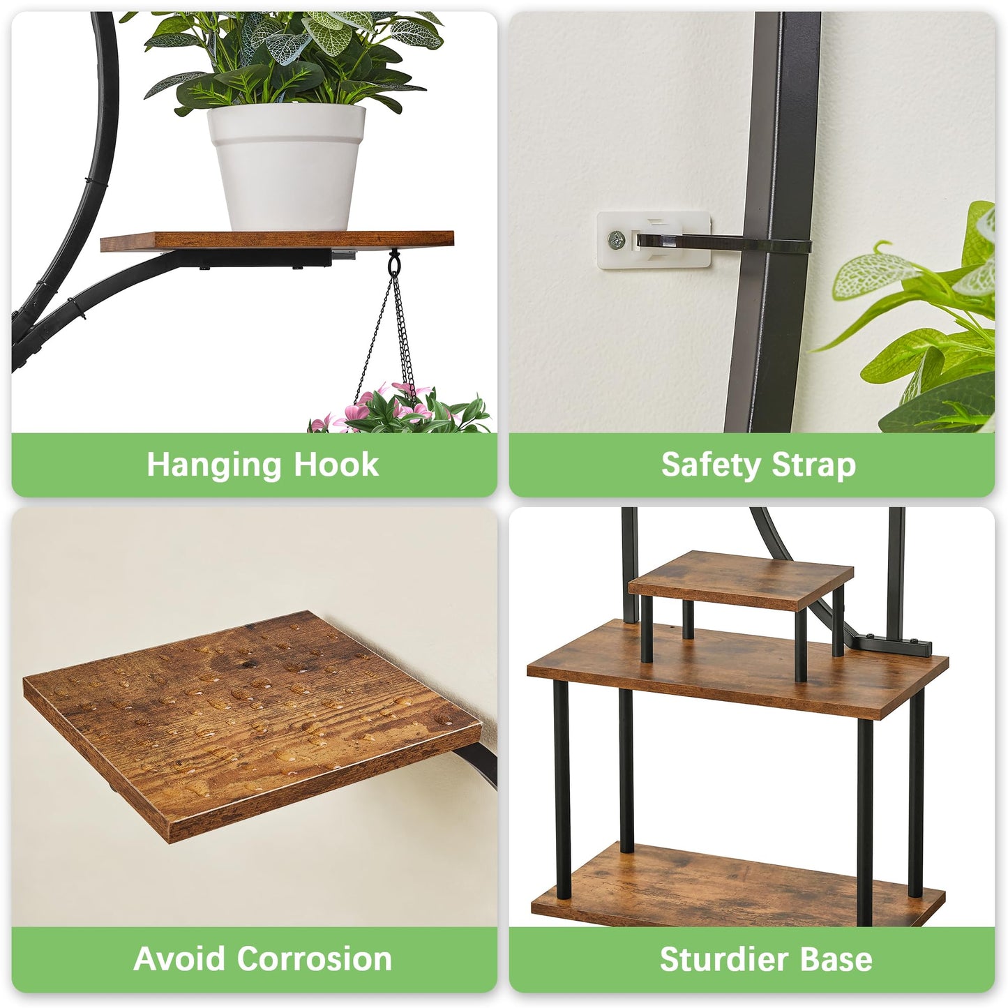 VECELO 66.1" Tall Plant Stand Indoor with Grow Lights, 9-Tier Plant Shelf with Hanging Hooks, S-Shaped Metal Plant Rack, Space-Saving for Home, Living Room & Corner Spaces, Brown