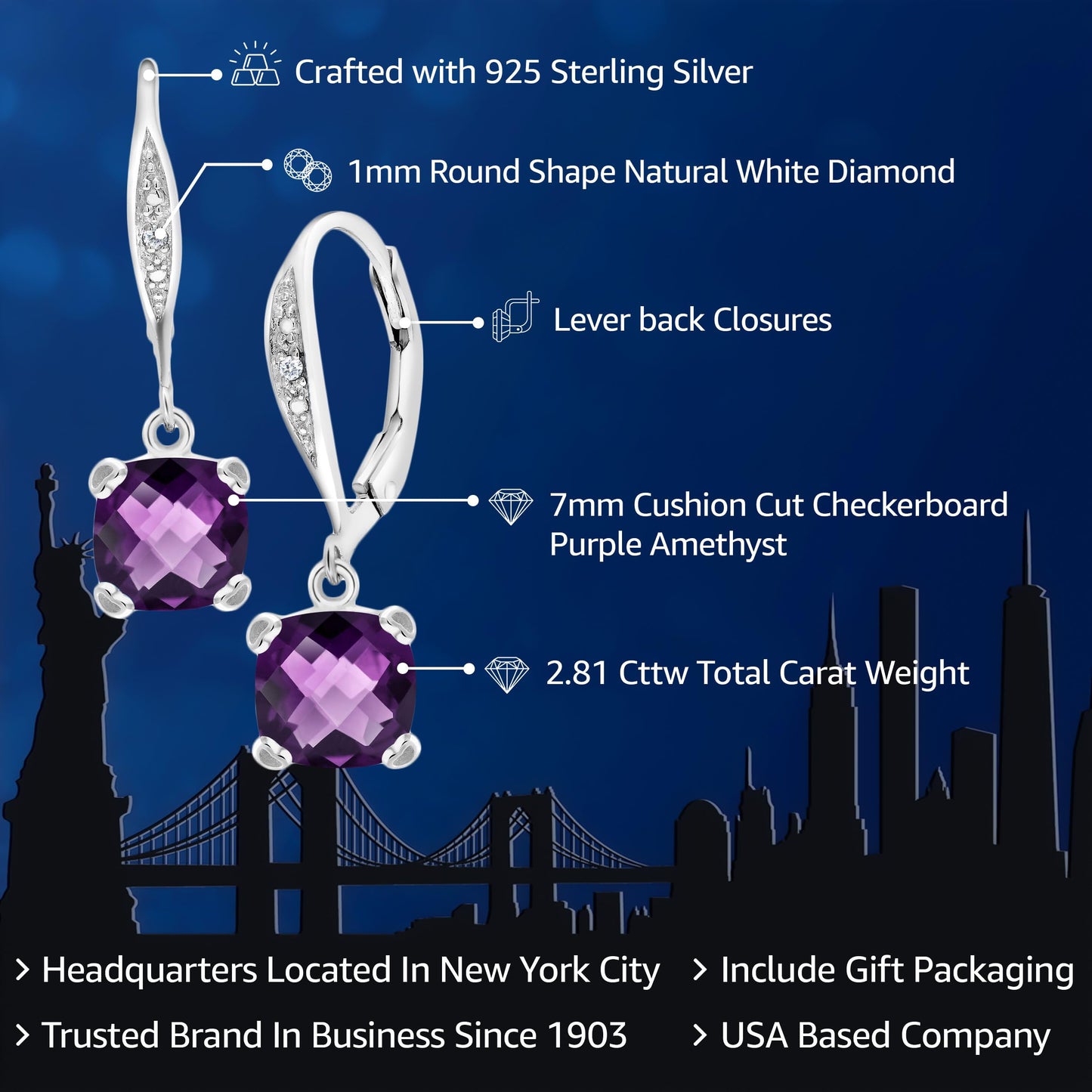 Gem Stone King Drop Dangle Earrings For Women | 7MM Cushion Cut Gemstone Birthstone and Diamond | 925 Sterling Silver | Jewelry Gift for Mom Wife Her | Amethyst-Checkerboard-February | Sterling Silver