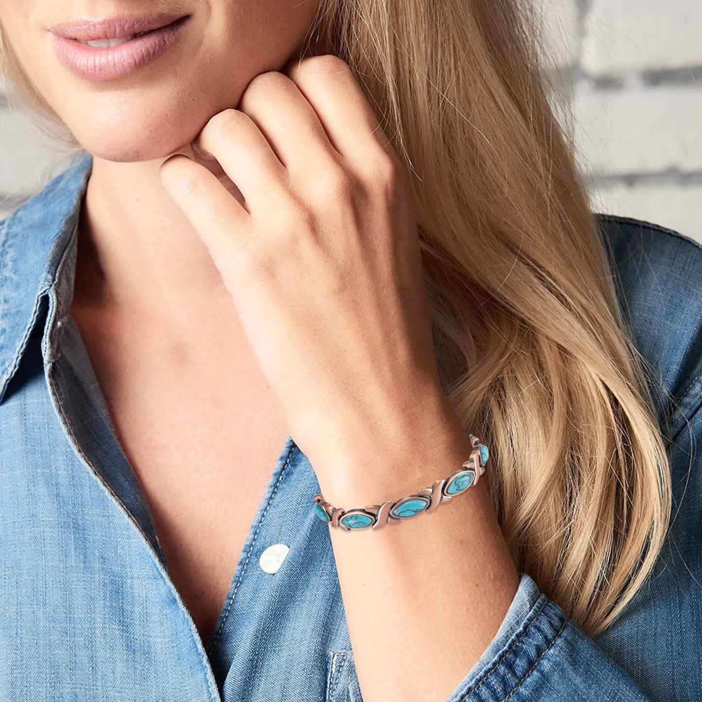 MagSølv Copper Bracelets for Women, Handmade 99% Pure Copper Adjustable Magnetic Jewelry with 3500 Gauss Magnets & Turquoise