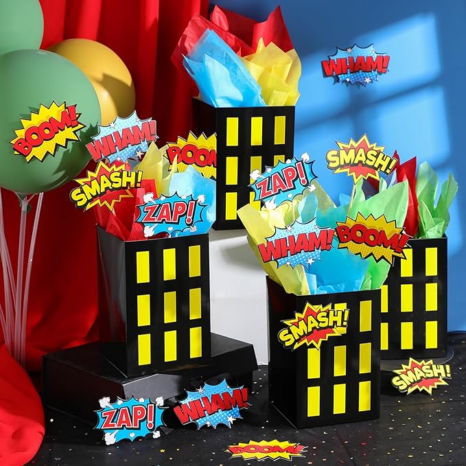 12 Sets Hero Theme Party Decoration Hero Boxes Centerpiece (7.9 x 5.1 x 5.1 Inch) Sticks with Tissue Paper Standing Cards Birthday Baby Shower Party Supplies (Yellow)