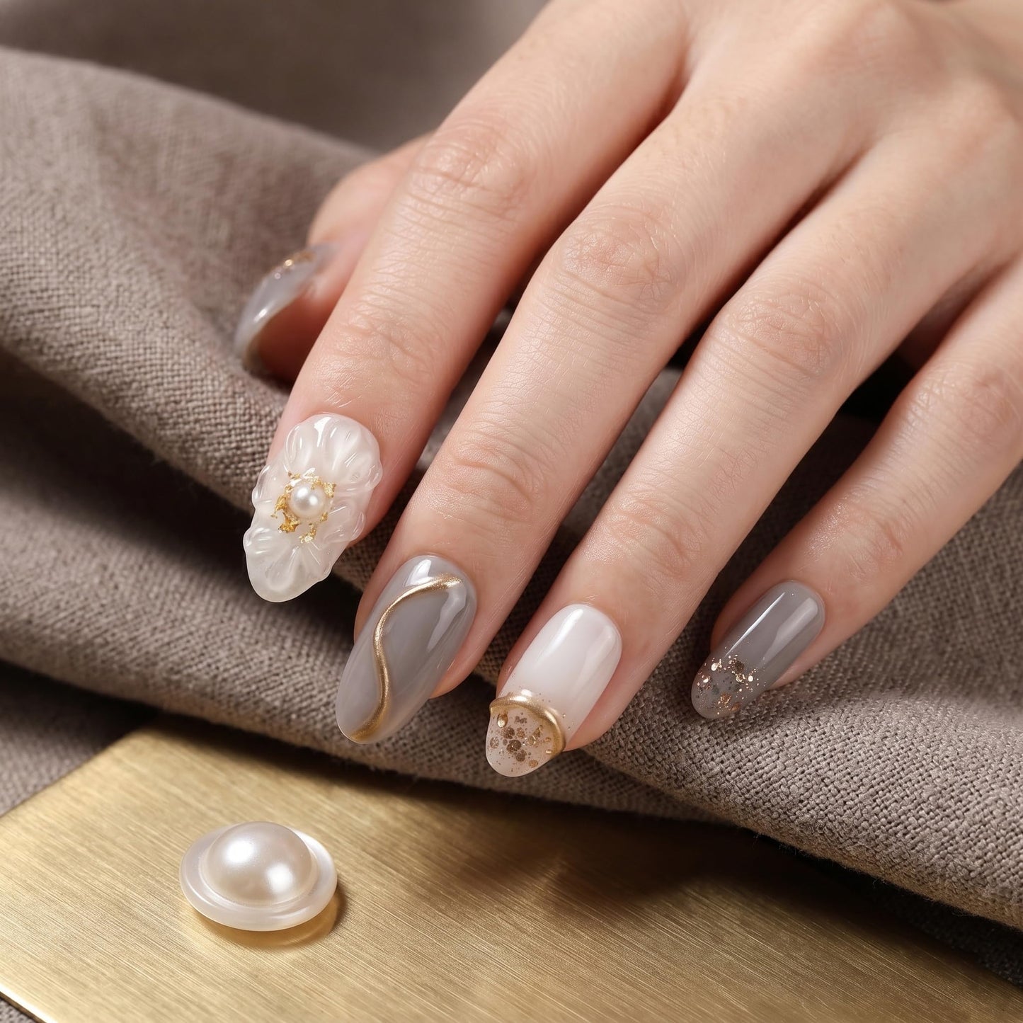 Sun&Beam Nails Handmade Press On Nail Medium Long Coffin Ballerina Grey Golden Flower Pearl Fake Tip 3D Design Art Charms Cute with Storage Box 10 Pcs (S)