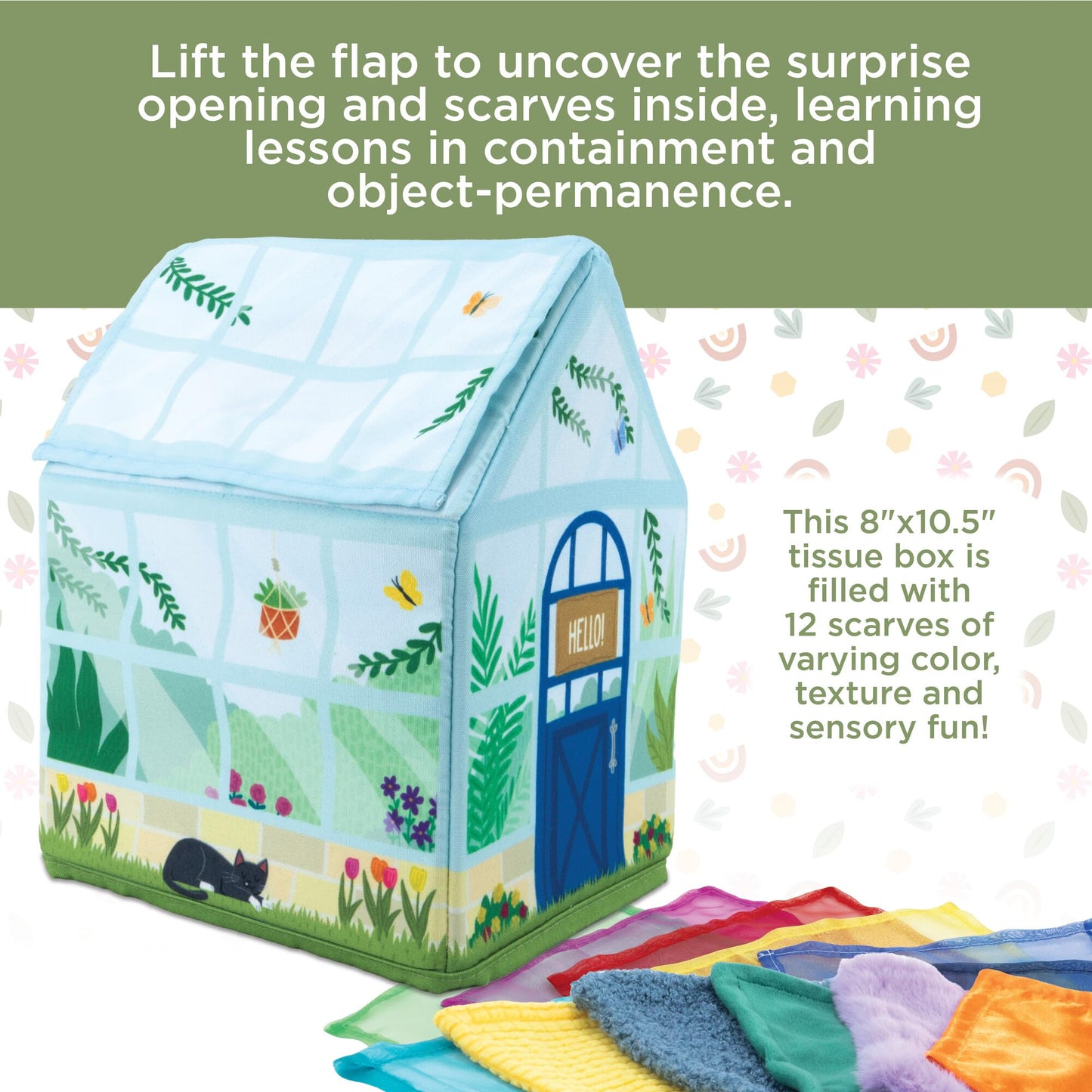 MindWare Sensory Sprouts Tissue Scarf - Montessori Toys for Babies 6-12 Months - Soft Greenhouse-Shaped Tissue Box and 12 Sensory Scarves Featuring Different Textures