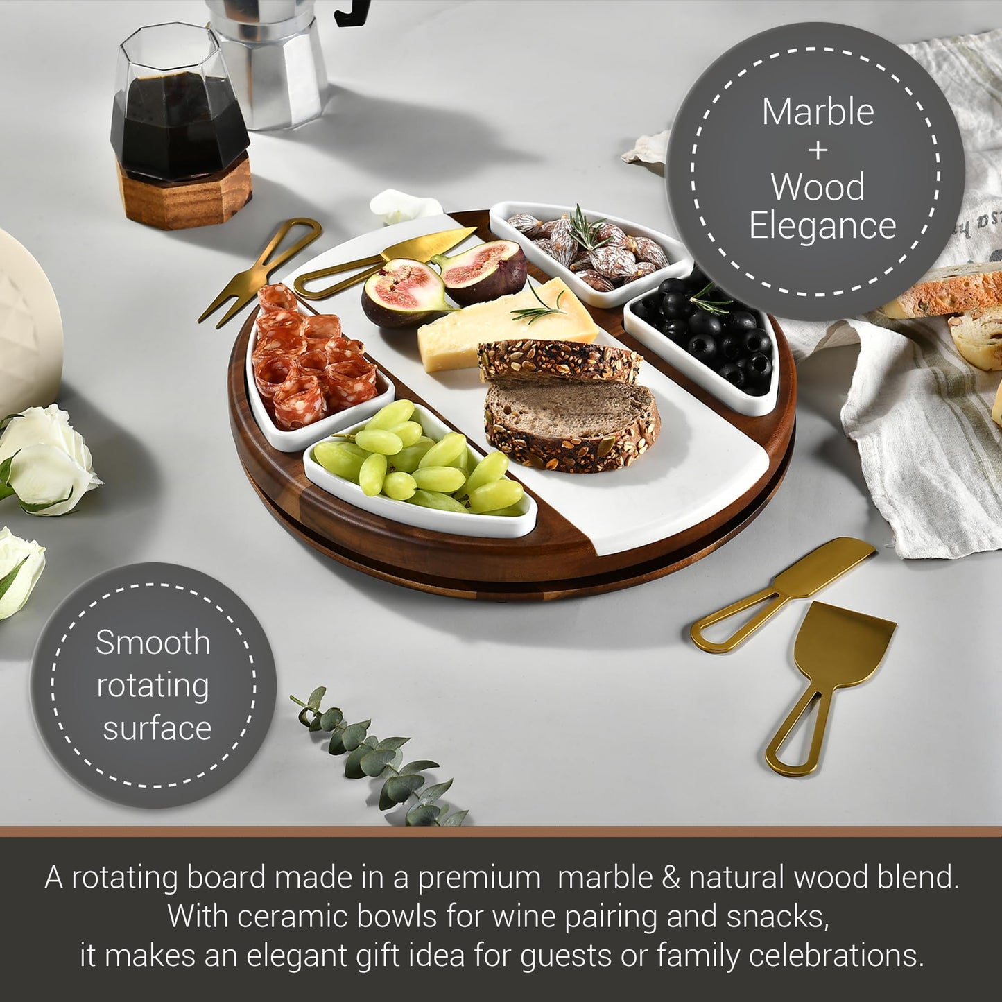 Shanik Upgraded Lazy Susan Cheese Cutting Board Set - Round Acacia Charcuterie Board with 4 Ceramic Bowls - Wedding Gifts - Cheese Serving Platter - Bridal Shower