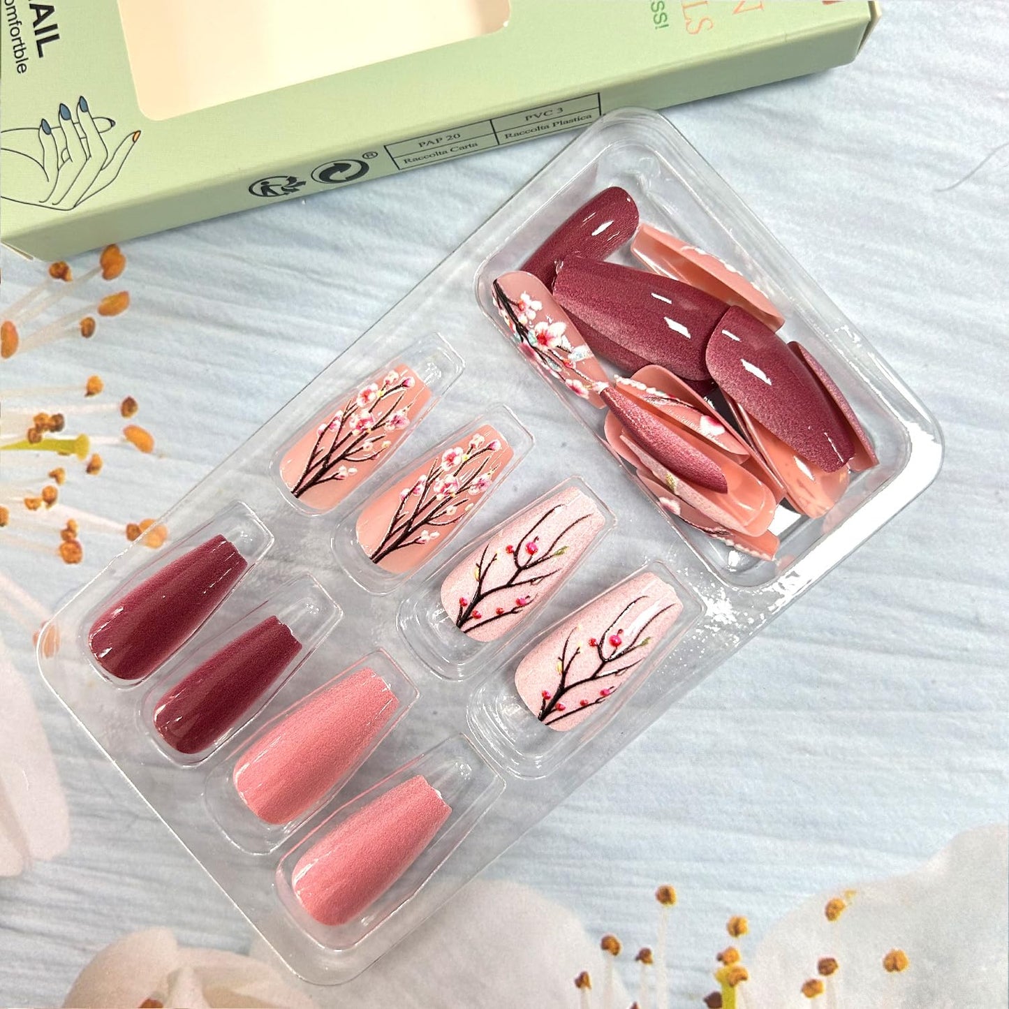 Flower Press on Nails Medium Ballet Shaped Pink Plum Bossom Pattern Design Spring Acrylic False Nails Full Cover Glossy Blossom Artificial Fingernails DIY Reusable Glue on Nail for Women 24Pcs