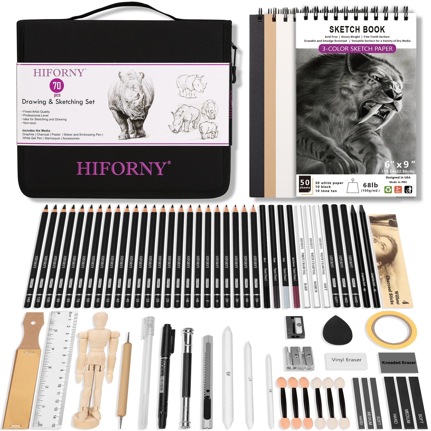 HIFORNY 70 PCS Drawing Set Sketching Kit,Sketch Pencils Art Supplies with Graphite,Charcoal,Blending Tools & Accessories,Portable Zippered Travel Case for Artists & Beginners