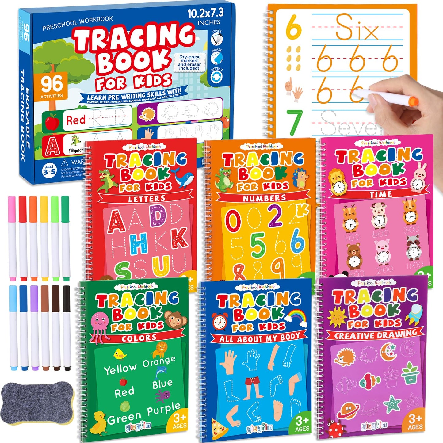 gisgfim Preschool Learning Activities 96 Pages Tracing Books for Kids Ages 3-5 Kindergarten Workbooks Dry Erase Autism Learning Workbook Writing Practice for Kids Letter Tracing Pre K Busy Book 6 Pads