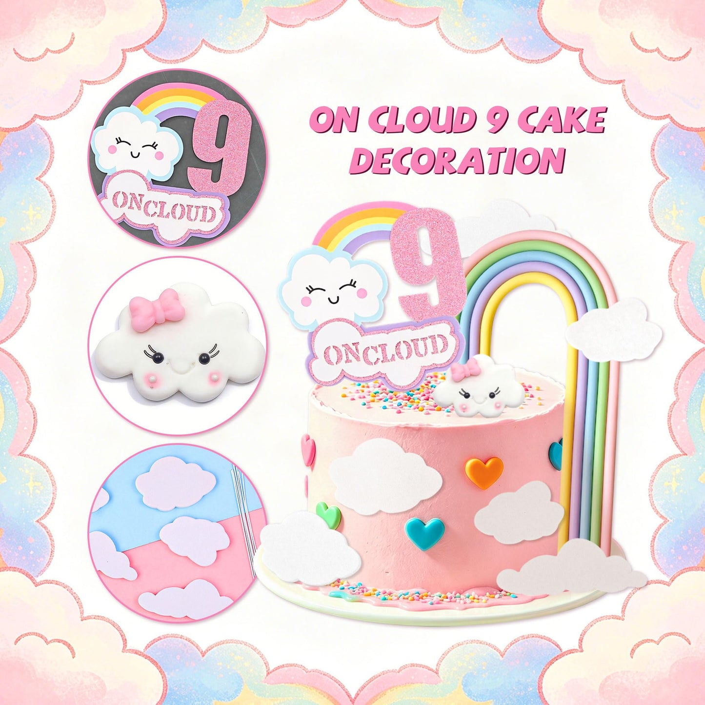 LaVenty On Cloud 9 Cake Decoration Topper 9th Birthday Cake Decoration 9th Bday Party Supplies Clouds