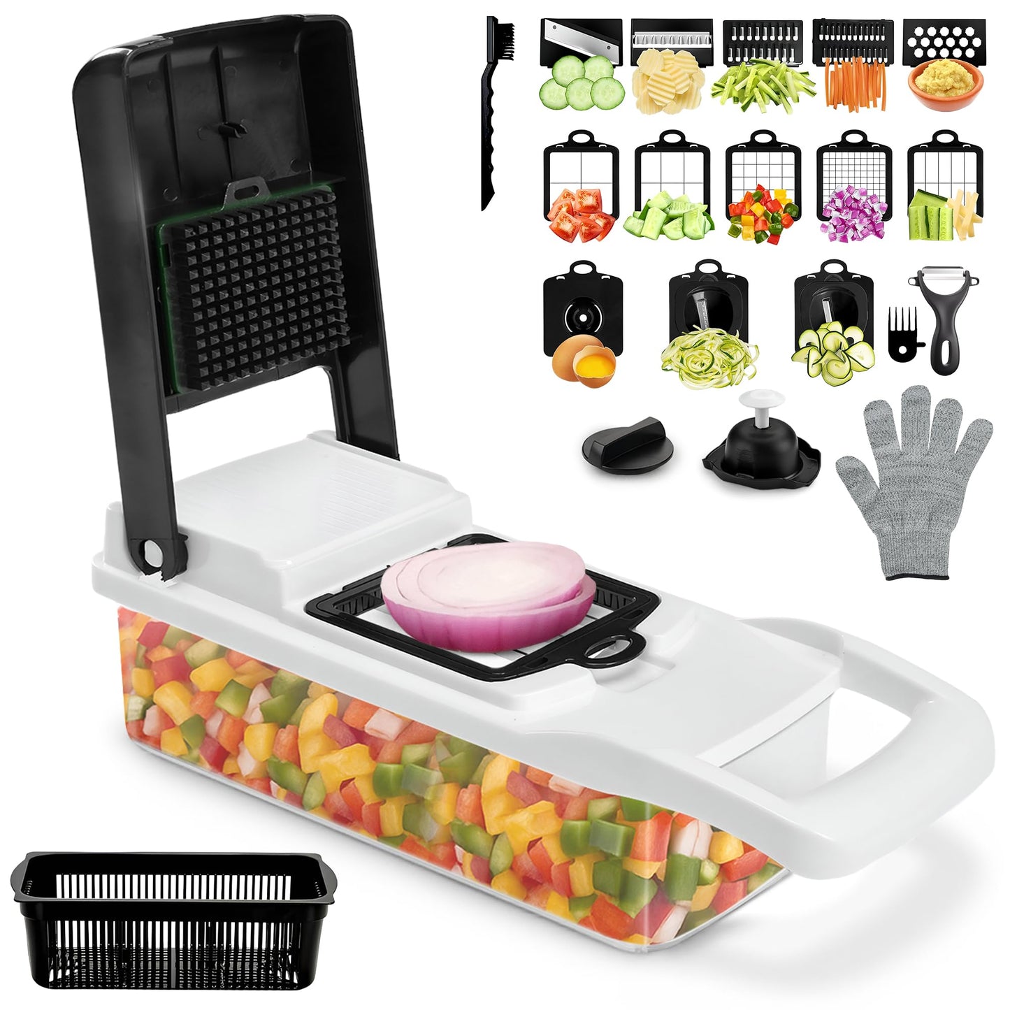 Multifunctional Vegetable Chopper with Container - 12 in-1 Adjustable 8-Blade Fruit & Veggie Chopper with Mandoline Slicer & Dicer | Kitchen Gadgets Food Cutter for Potato, Tomato & Onion (White)