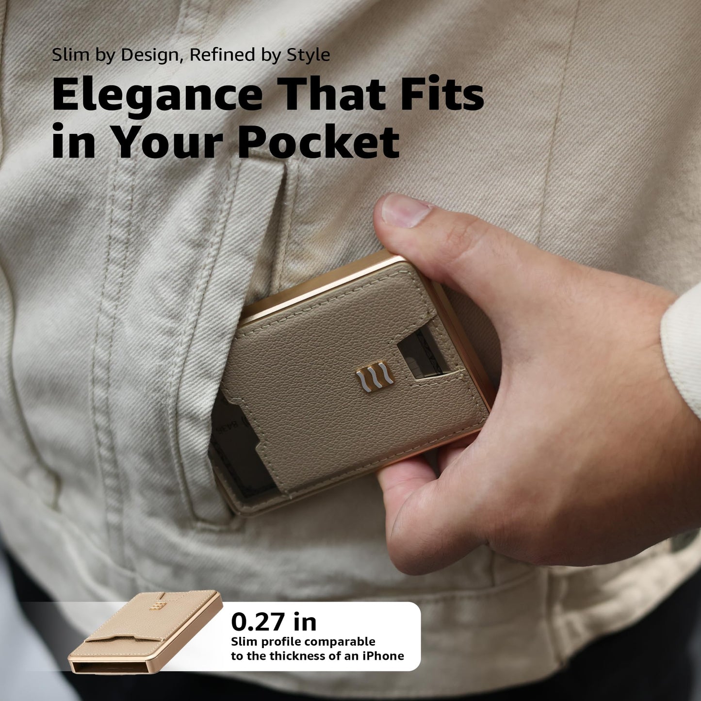 VENICE MIAMI VENICE RFID Blocking Wallet, Minimalist Card Holder with Quick Access, Vegan Leather & Brushed Aluminum, Gift-Ready Packaging (Beige)