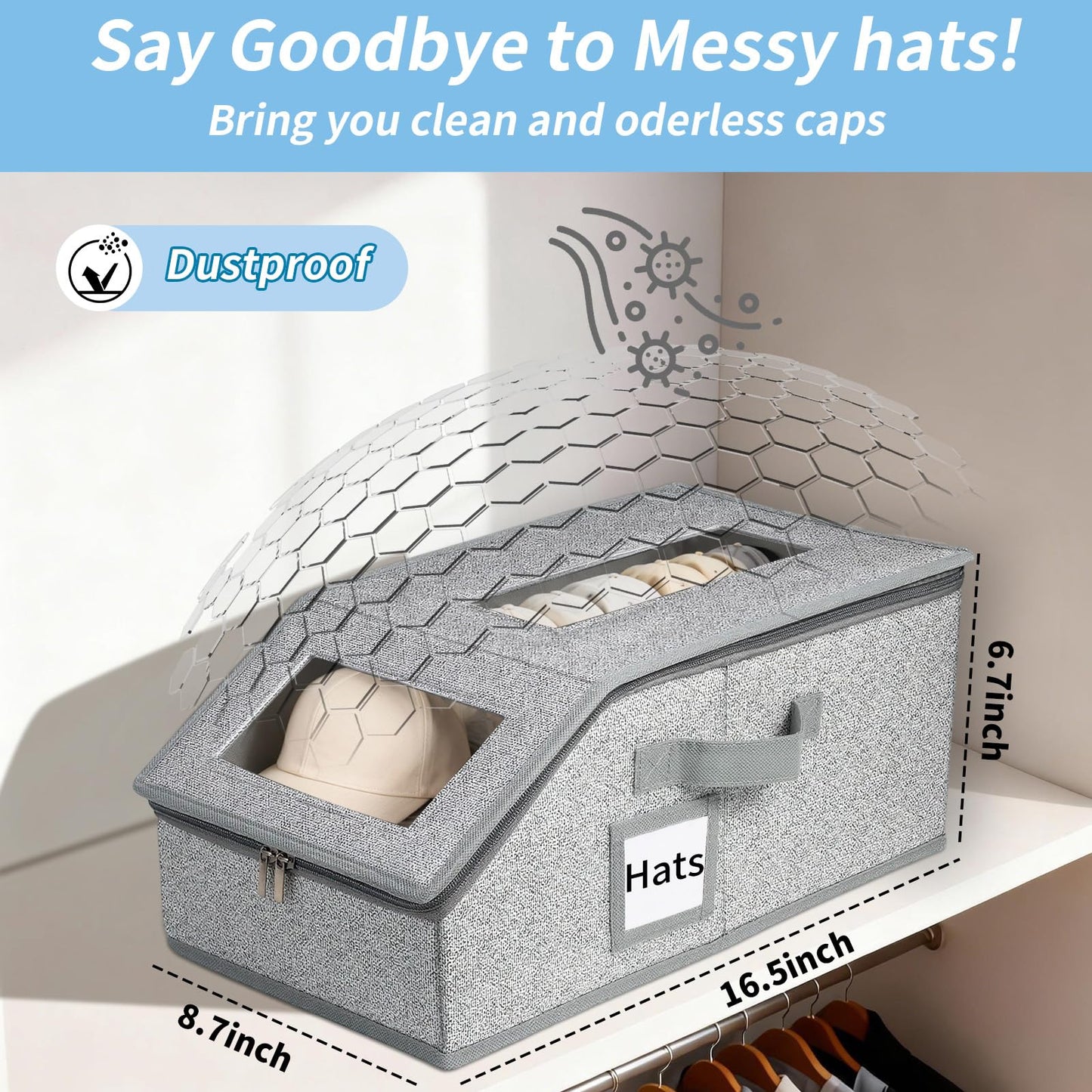 2 Pack Hat Storage Boxes for Baseball Caps - Stackable Clear Hat Organizer Box with Window Lid, Dustproof Closet Hat Case for 20-30 Caps, Large Foldable Ball Cap Storage Organizer for Men & Women