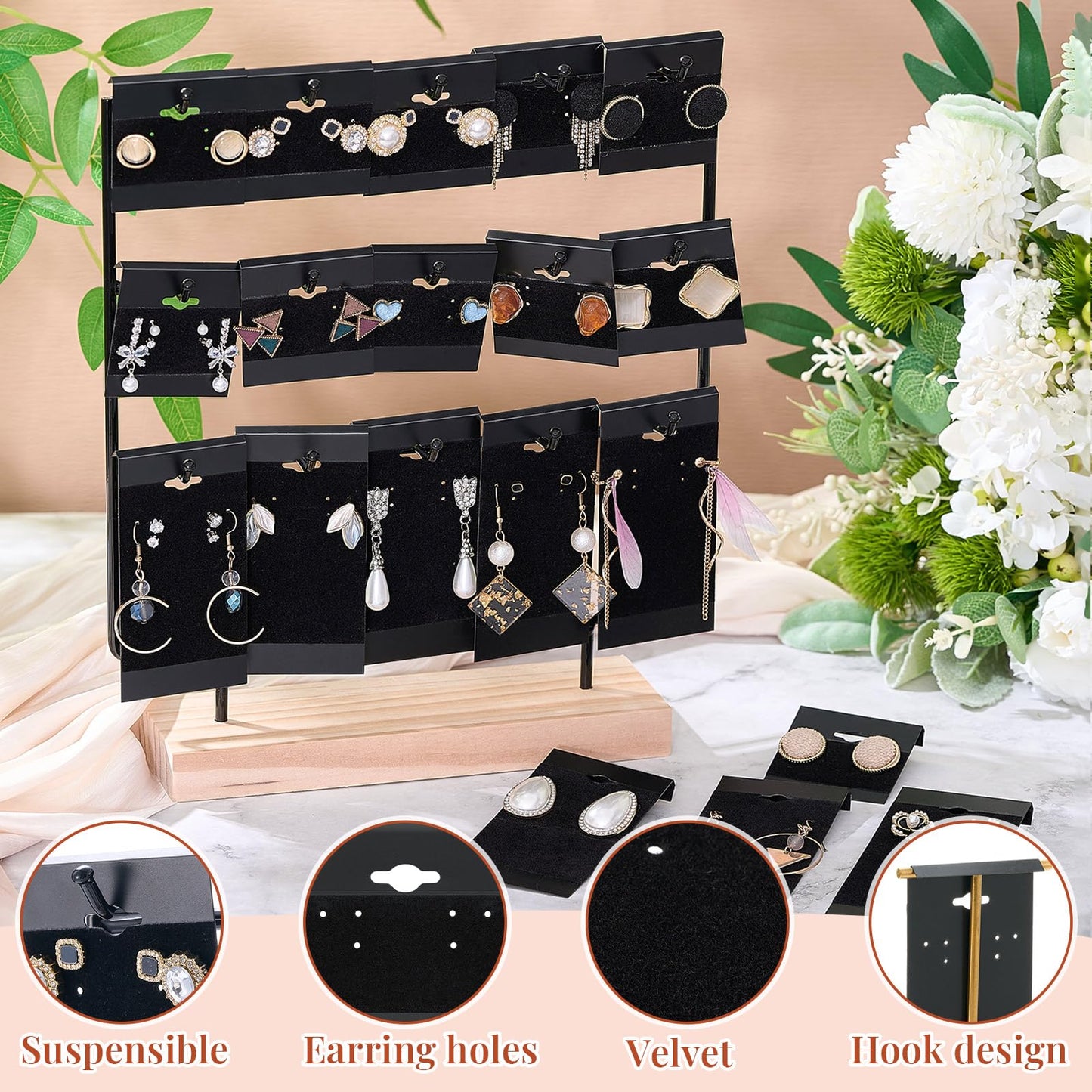 Tondiamo 200 Pcs 2 Size Black Velvet Plastic Earring Cards for Selling Jewelry 2'' x 2'' and 2'' x 4'' Earring Display Cards Holder Bulk for Earrings, Ear Studs Jewelry Accessories