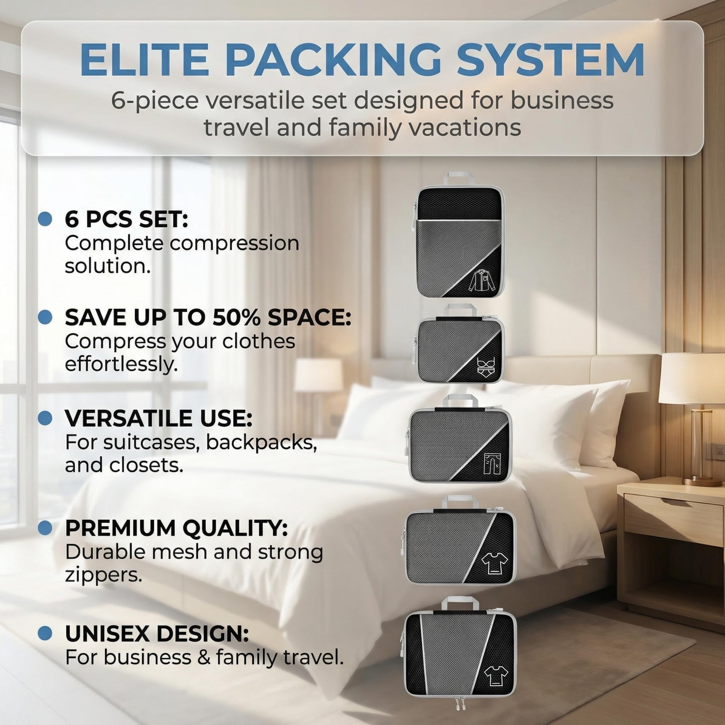 6Pcs Compression Packing Cubes Set, Waterproof Travel Luggage Organizer with Drawstring Bag, Lightweight Nylon Suitcase Storage Bags for Travel Camping Business Trip