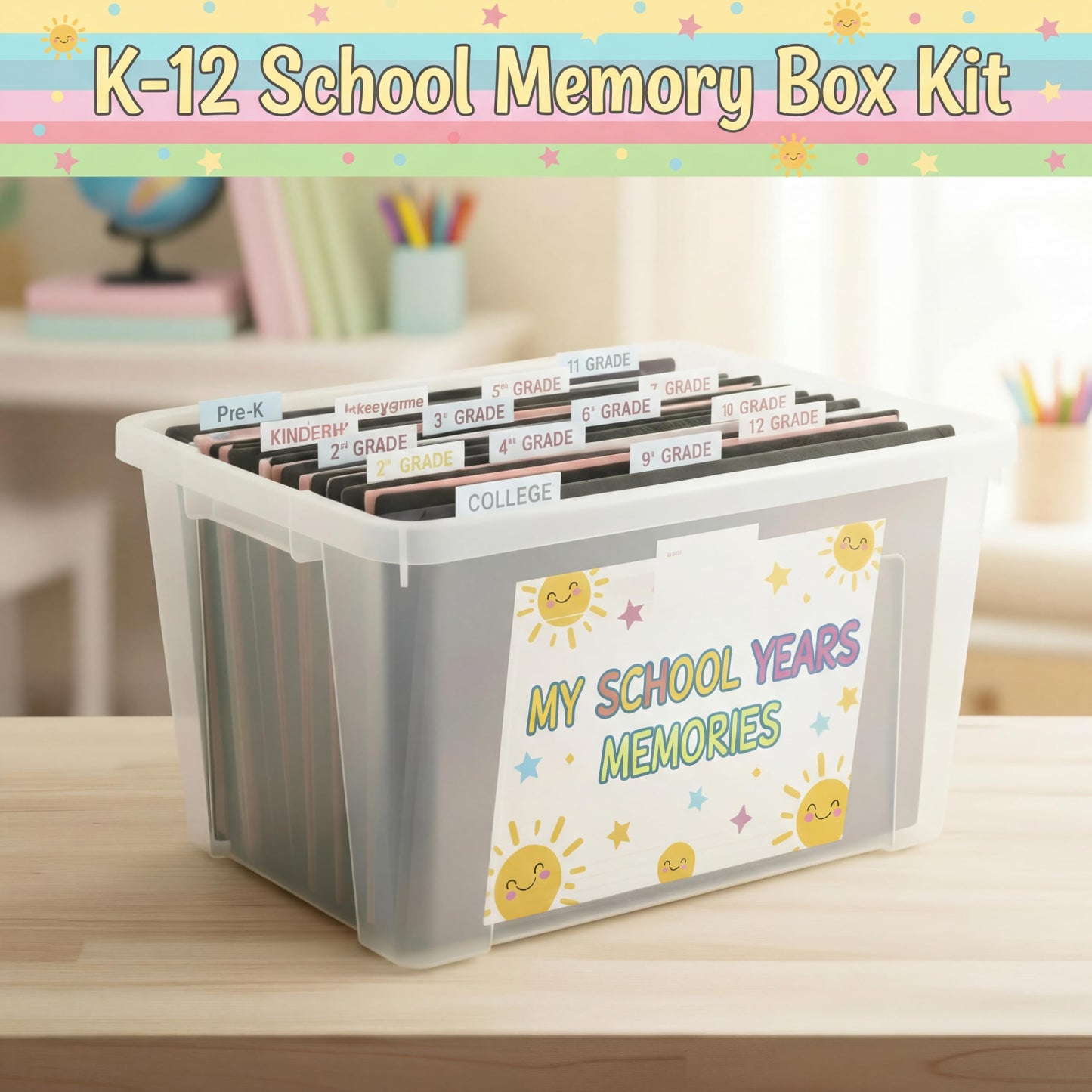 Motipuns 14 Pack K-12 School Memory Box End of The Year Large Capacity with 16 Memory Questionnaires School Year Organizer Keepsake Scrapbook from Pre to 12th Grade File Picture Folder (Black)