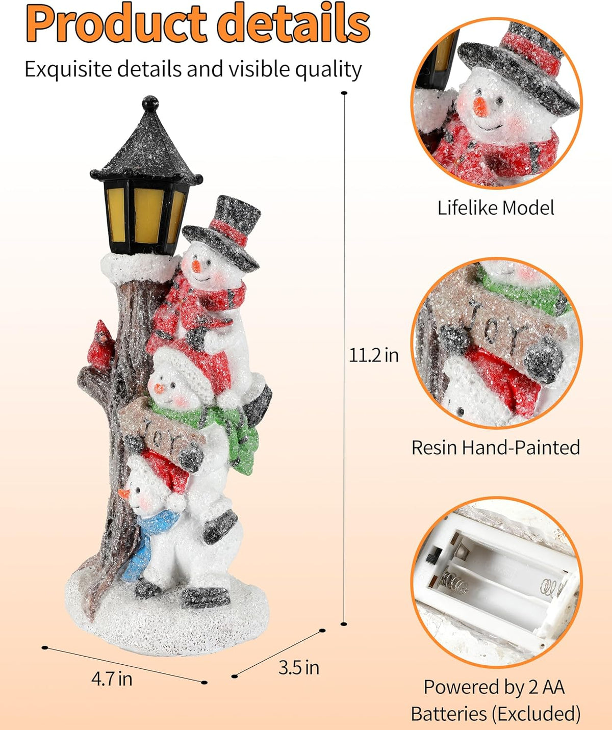 iStatue Lighted Stacked Snowman Tabletop Decor Figurine with Lamppost Lantern - 11.2'' Resin Cardinal Christmas Decorations Indoor - Unique Xmas Gift Idea (Joy Trio)