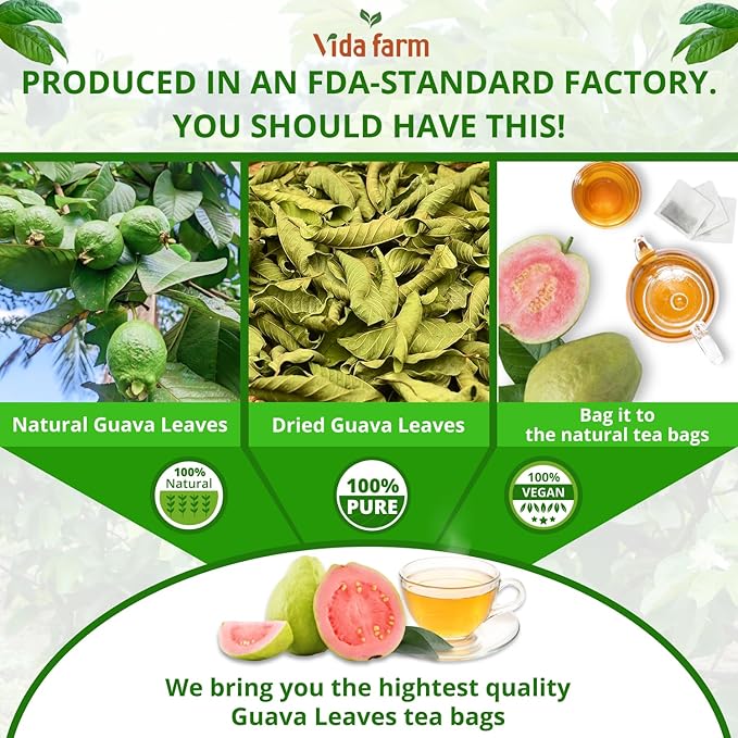 VIDA FARM 75 Premium Guava Leaf Tea Bags, Zero Sugar Tea, Handpicked, 100% Pure and Natural Guava Leaves, Non-GMO, No Caffeine, Gluten-Free, Vegan