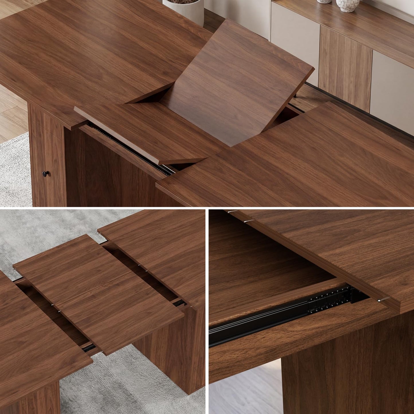 Extendable Dining Table for 6-10 People, 63" to 79" Modern Farmhouse Rectangular Kitchen Table with 4 Drawers, Space-Saving Dining Room Table with Removable Leaf for Living Room Home Office (Walnut)