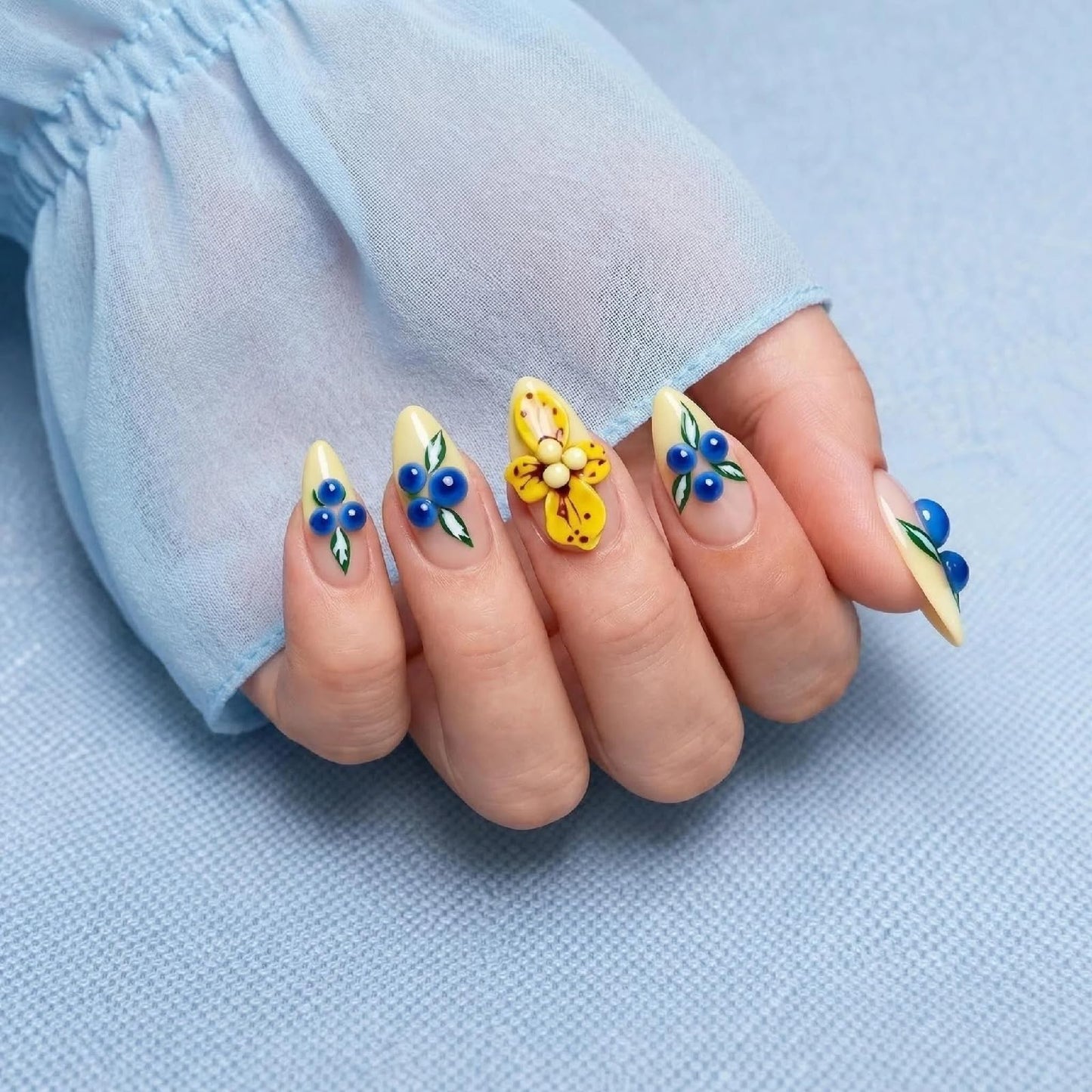 Threelegscat Handmade Almond Press on Nails-Medium, Yellow 3D Flower Nude Reusable Fake Nails for Women Daily Wear, Party, Dating 10 PCS (Size M)