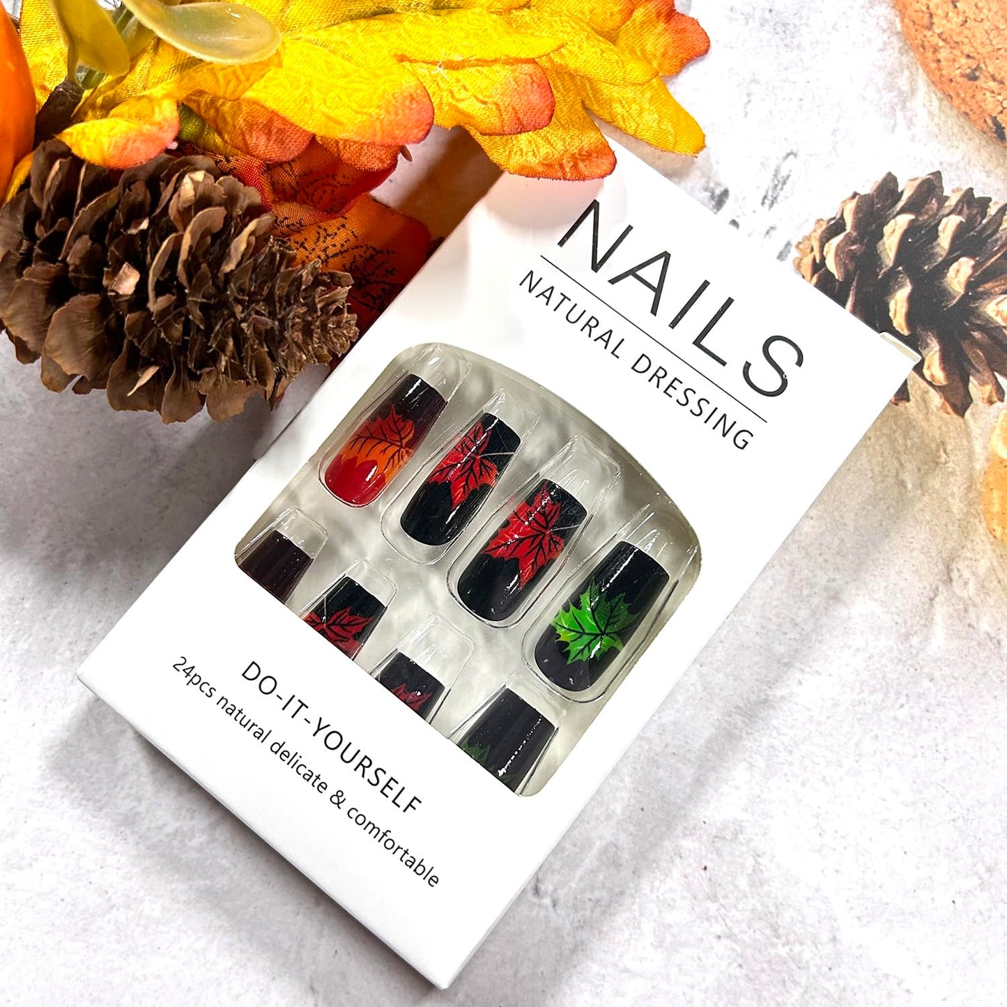 Autumn Thanksgiving Day Press on Nails Medium Square Shaped Artificial Acrylic Nails Colorful Maple Leaf Stick on Nails Full Cover Reusable Coffin Artificial Fingernails for Women Festival 24Pcs