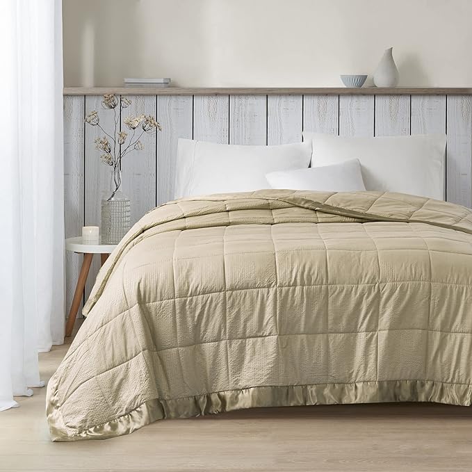 Madison Park Cambria Down Alternative Blanket, Premium 3M Scotchgard Moisture Wicking Treatment, Lightweight and Soft Bed Cover For Summer with Satin Trim, Oversized Full/Queen Taupe