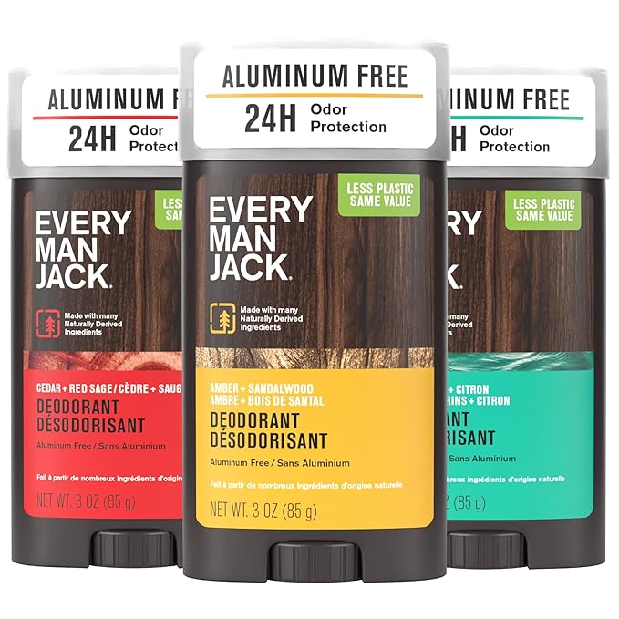 Every Man Jack Men's Deodorant Variety Set - Three Full-Sized Deodorant Sticks with Clean Ingredients & Incredible Scents - Cedar + Red Sage, Amber + Sandalwood, Sea Mineral + Citron - 3 oz (3 Pack)