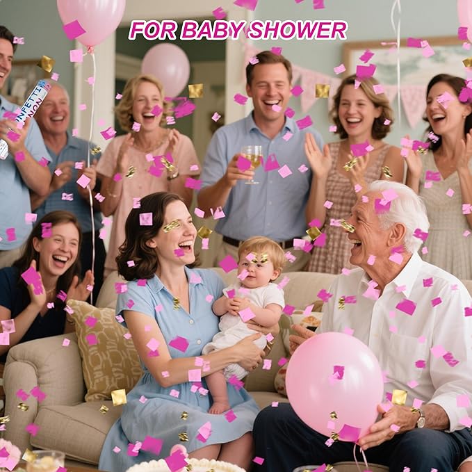 2 Pack Gender Reveal Confetti Cannon, 12 in Pink Square shaped Paper Party Poppers Cannons, Confetti Poppers For Baby Girl Gender Reveal Baby Showers (Square, Pink)
