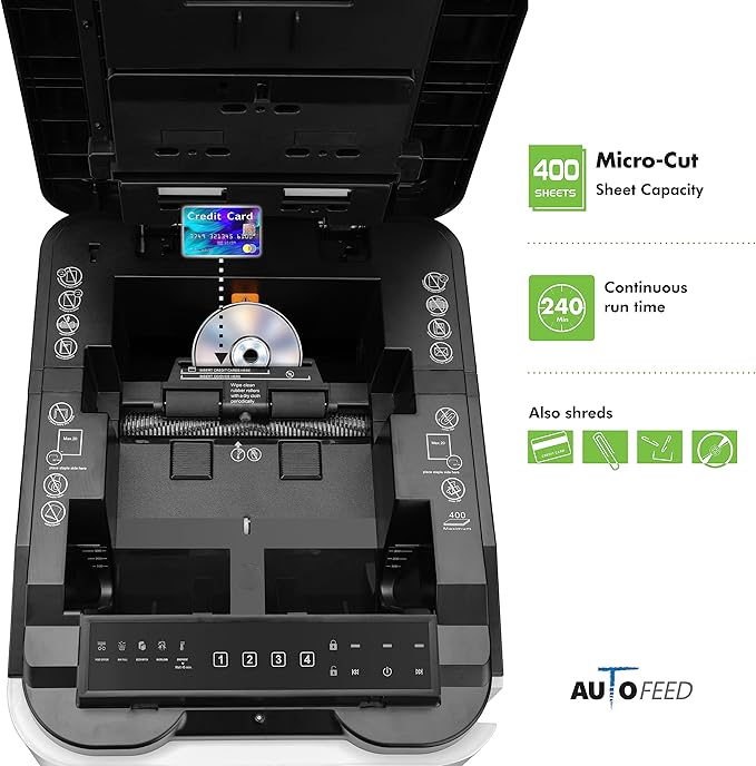 Aurora Commercial Grade 400-Sheet Auto Feed High-Security Micro-Cut Paper Shredder/ 240 Minutes/Security Level P-5