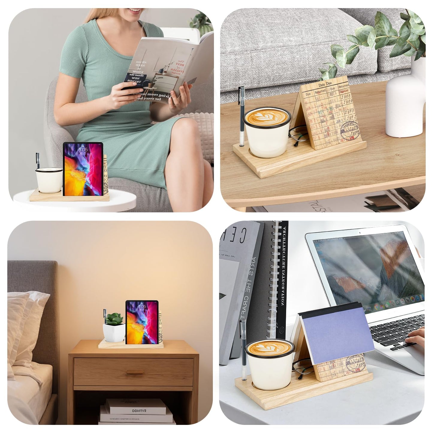 Wooden Triangle Book Stand with Drink Holder, Library Card Design Book Holder Page Rest, Night Stand Book Holder with Pen Slot, Gift for Book Lovers, Readers, Librarians, Writers