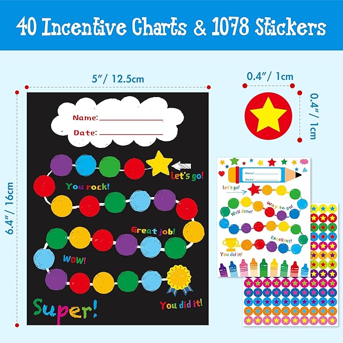 40 Pack Incentive Chart, 2 Adorable Designs with 1078 Stickers, Classroom Family Reward Chart System for Kids Homework Assignments, Attendance, Good Behavior, Chores, Potty Training Progress
