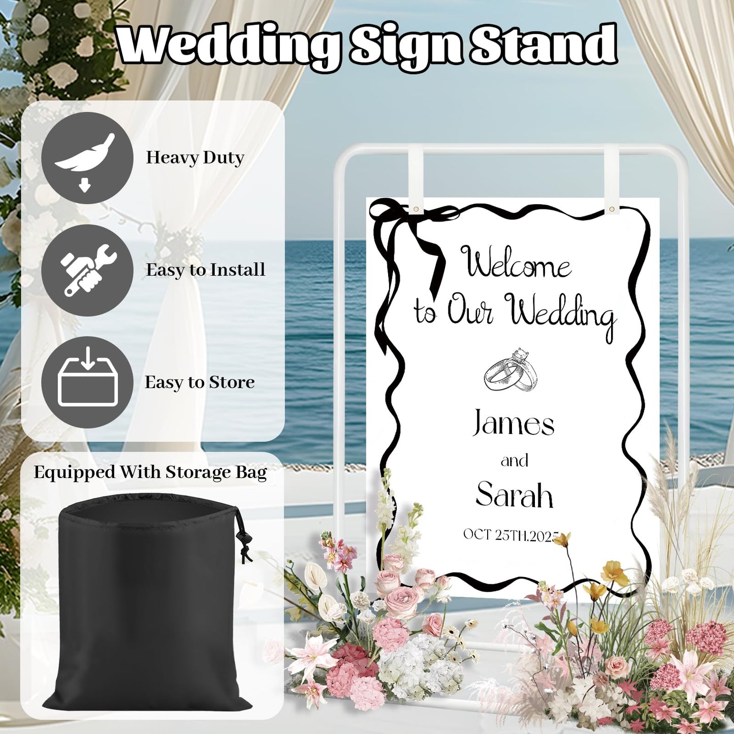Jsngbse Adjustable Wedding Welcome Sign Stand with 2 Pair Hanging Straps, Welcome to Our Wedding Sign Holder Stand for Reception, Heavy Duty White Easel Stands for Sign Poster, Metal Floor Standing