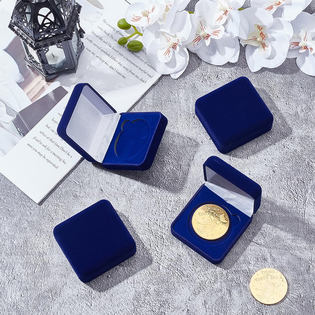 FINGERINSPIRE 4 Pcs 40mm Midnight Blue Velvet Challenge Coin Storage Gift Box 2.58x2.58x1.4 Square Badge Presentation Display Box Single School Emblem Badge Display Holder Medal Storage Case