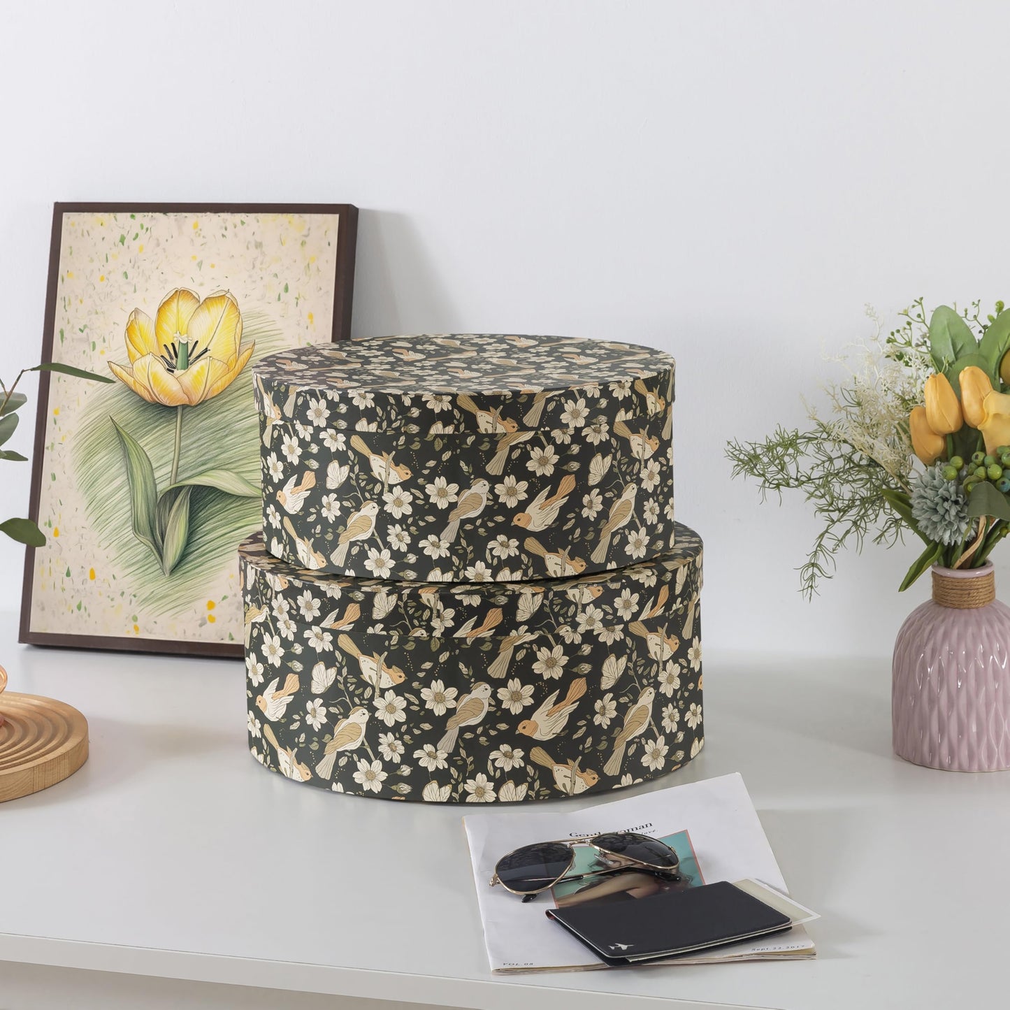 Soul & Lane Large Oval Cardboard Decorative Storage Boxes with Lids - Midnight Blossom Serenade, Set of 2 Cardboard Boxes for Flowers and Gifts, Nesting Memory Containers for Keepsakes and Organizing
