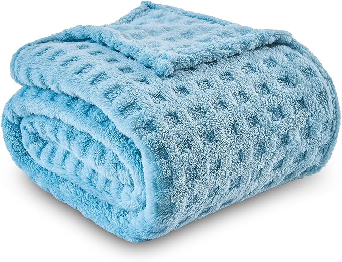 NEWCOSPLAY Super Soft Throw Blanket Blue Premium Silky Flannel Fleece 3D Waffle Checkered Lightweight Bed Blanket All Season Use (Blue, Throw(50"x70"))