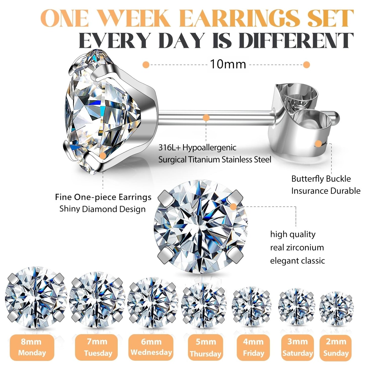 Stud Hoop Earrings Set 7 Pairs Hypoallergenic Cubic Zirconia Titanium Stainless Steel Silver Rose Gold Black 2-8mm CZ Cartilage Helix Flatback Ball Stud Hinged Sleeper Hoop Earrings Sets for Women Men
