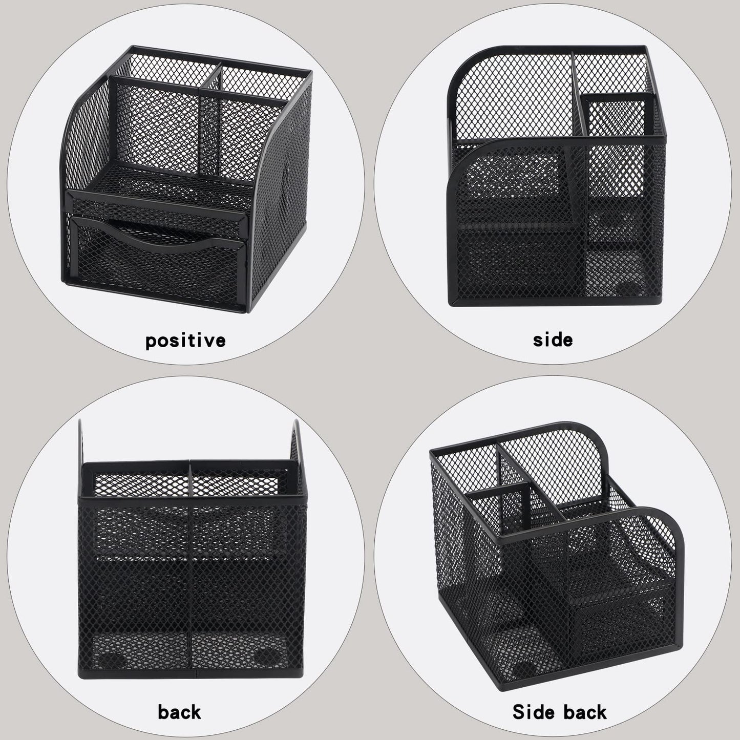 BiSiViO Mesh Desk Organizer, Metal Pencil Holder, Pen Holder for Desk with Drawer, Desktop Accessories, Multi-functional Caddy Pen Organizers with 3 Compartments for Office Art Supplies - Black