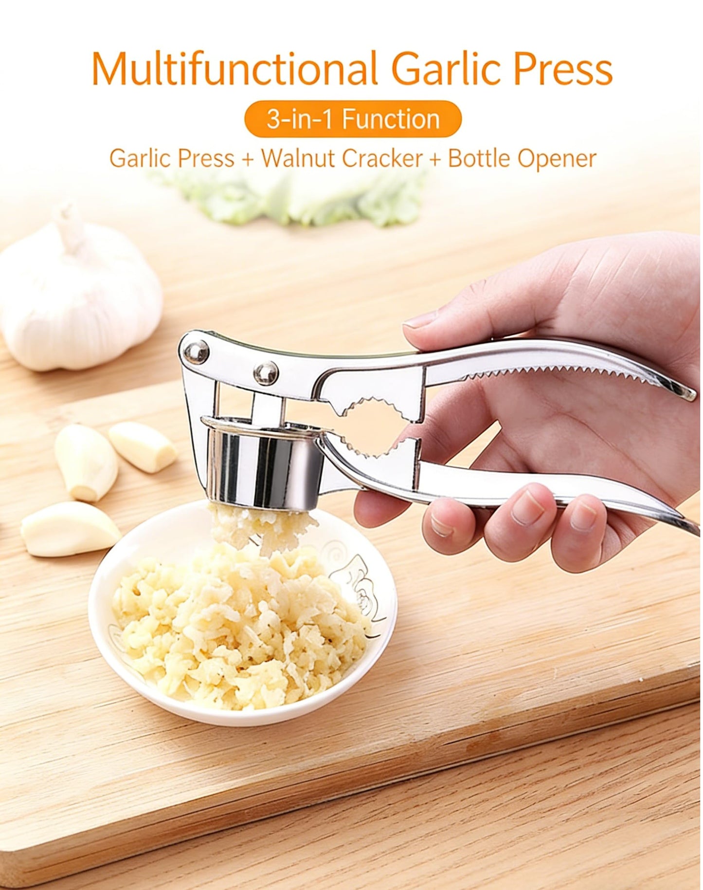 Multifunctional Garlic Press, 3-in-1 Kitchen Tool, Aluminium Alloy, Garlic Crusher with Walnut Cracker and Bottle Opener