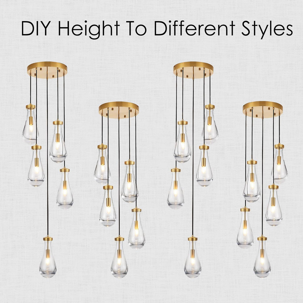 5-Light Raindrop Pendant Light Fixtures, Brass Glass Pendant Lighting, Teardrops Modern Hanging Light for Entryway Foyer Kitchen Island Dining Living Room Hallway