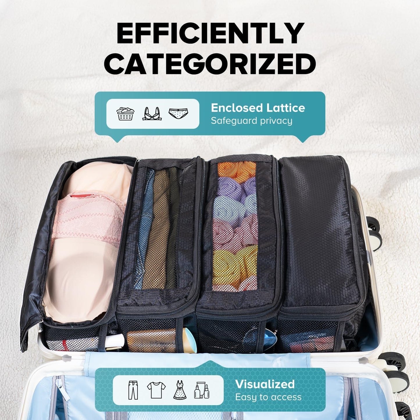 Vokelater Suitcase Organizer - Travel Luggage Organizer with Hanging Shelves & Packing Cubes - Collapsible, Portable, Carry-on, Medium, Black