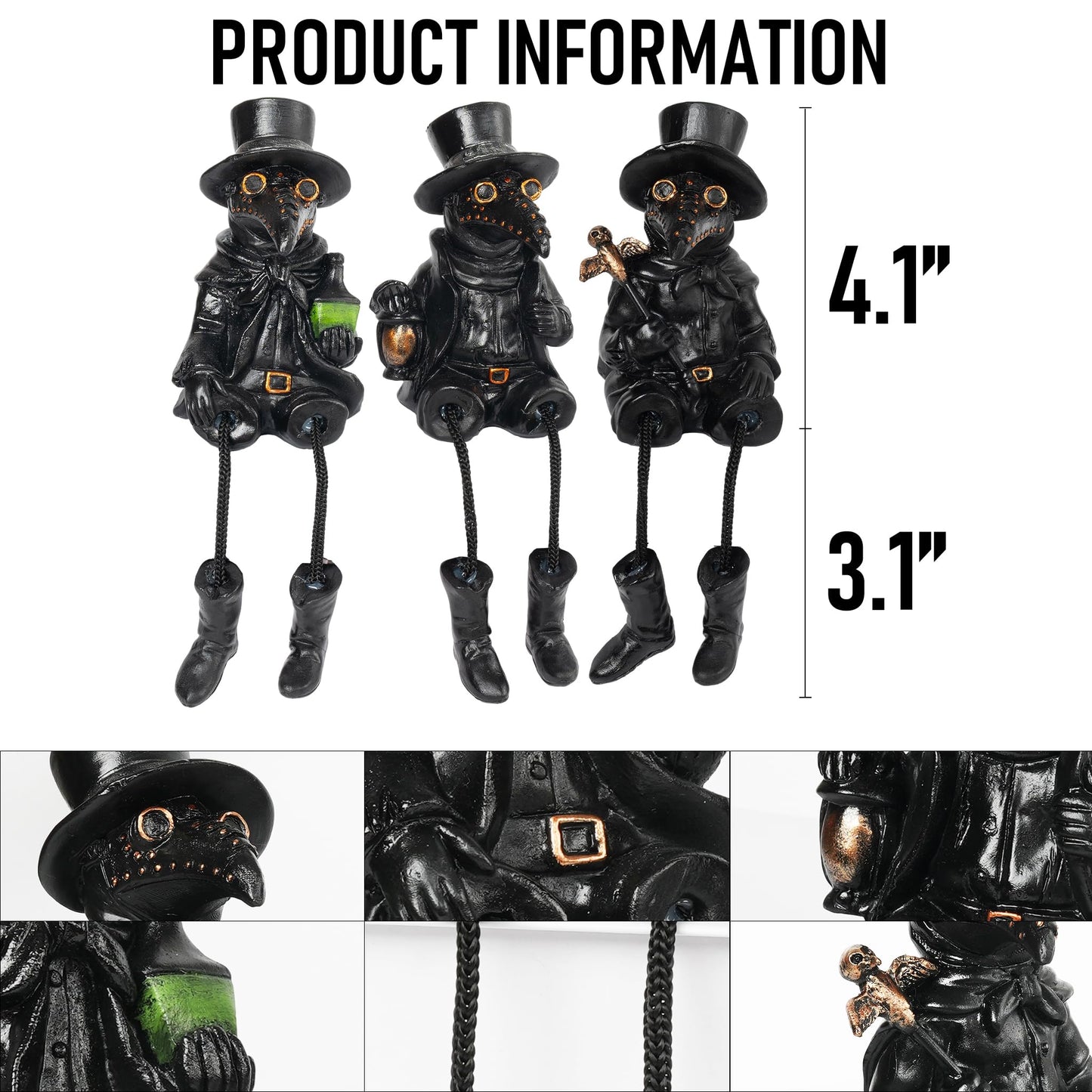 Dazzle Bright 3 Pcs Halloween Plague Doctor with Dangling Legs Figurines Decoration, Resin Gothic Scary Crow Table Fireplace Shelf Sitting Figurines Party Ornament Gifts for Indoor Home Decor