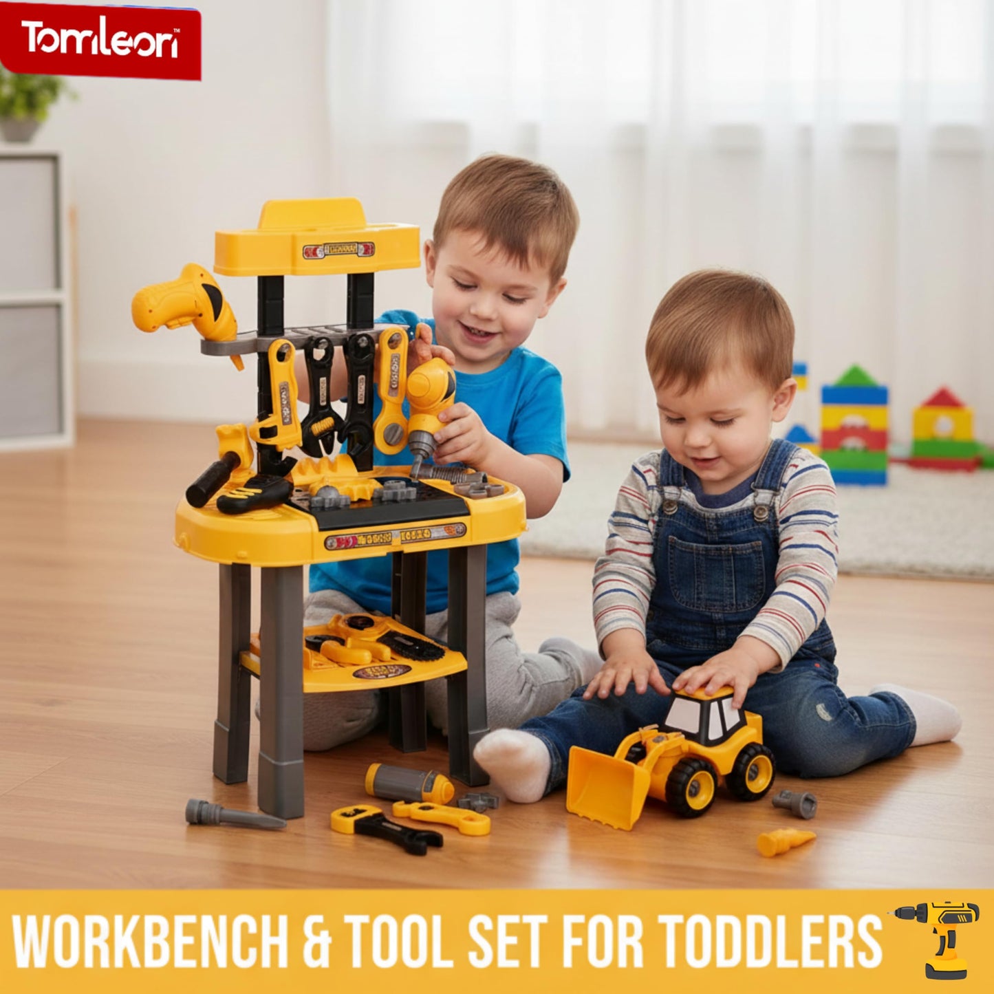 Toddler Workbench & Tool Set with Battery-Operated Drill - Includes 2 Big Take-Apart Trucks & Realistic Tools, Construction Tool-Bench Toy for Kids 3-5, Toolbox Gift for Boys 3 4 5 Years Old