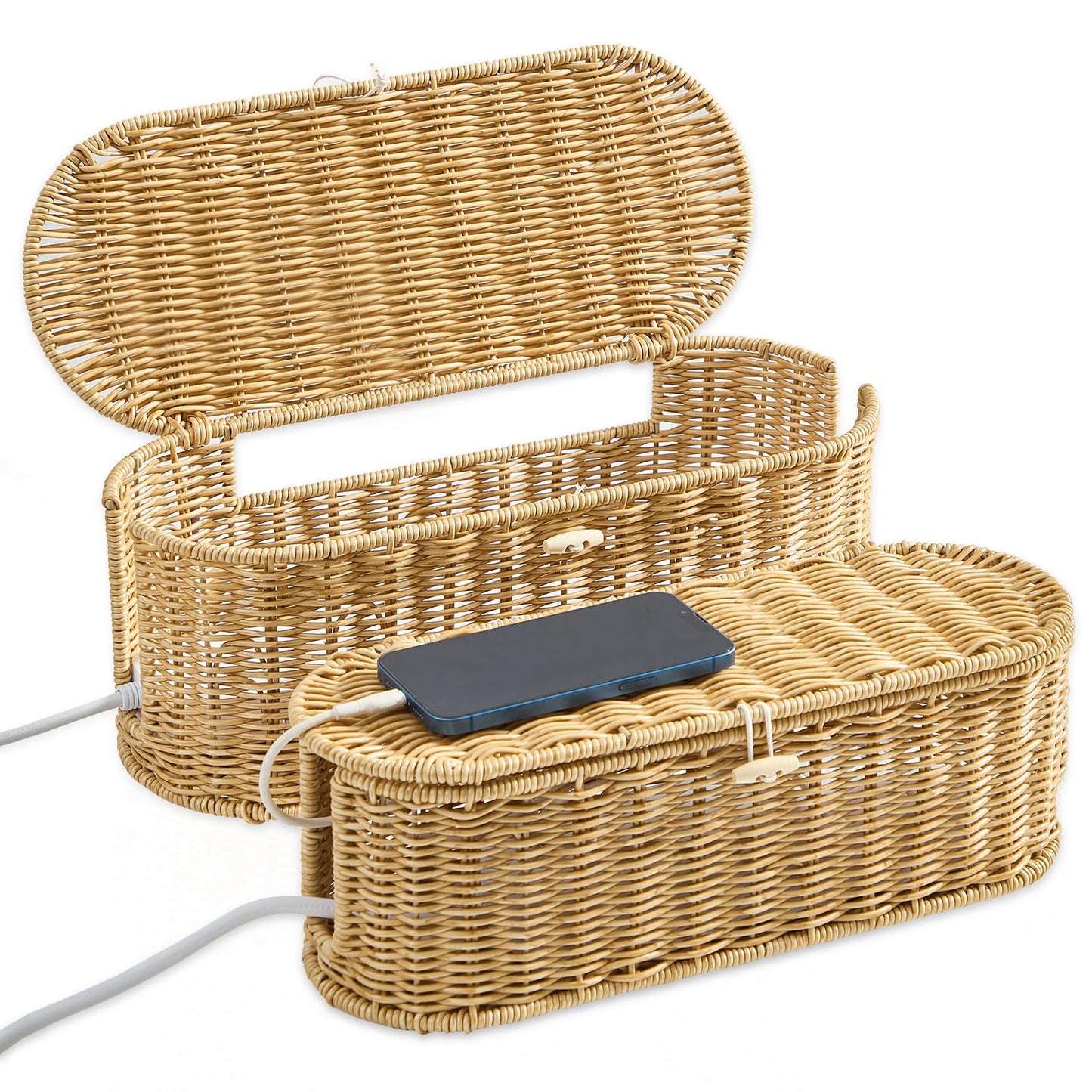 FairyHaus Cable Management Box 2Pack Caramel, Handwoven Large and Small Cable Organizer Box Cover to Hide Cords and Power Strip, Imitation Wicker Cord Organizer Box Hider for Office Desk and Floor