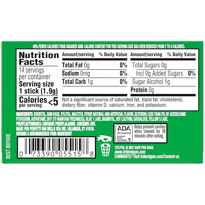 Trident Spearmint Sugar-Free Chewing Gum, 12 Packs of 14 Pieces (168 Total Pieces)