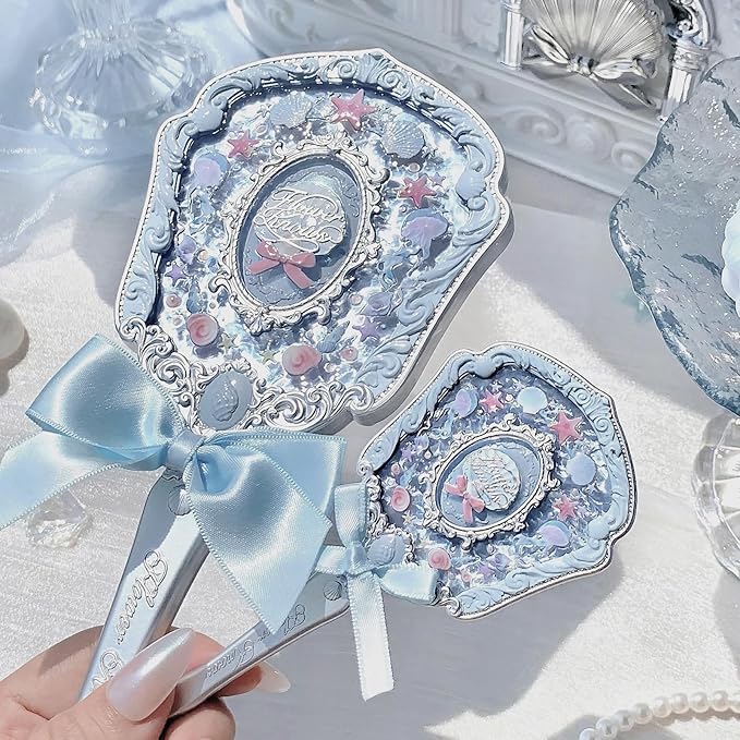 Flower Knows Shell's Jewel Hand Mirror,Vintage Portable Handheld Mirror,Fancy & Pretty Princess Mirror with Long Handle,Gift for Girls(Blue Seashell)