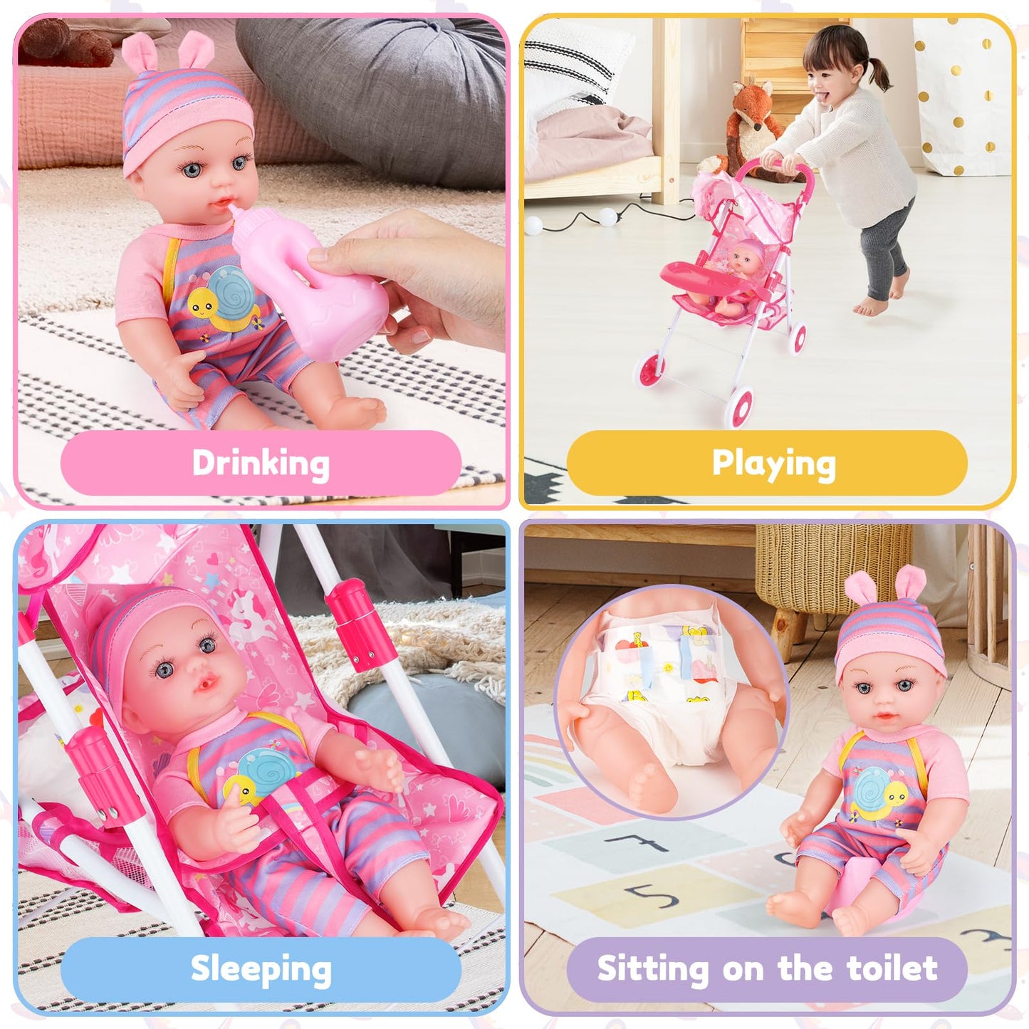 deAO Baby Doll Stroller 12" Baby Doll Set with Foldable Stroller 15 PCS Accessories for Toddlers 3-5 Christmas Birthday Gifts