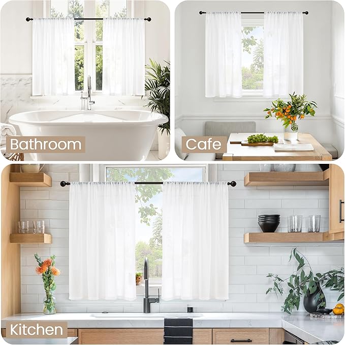 BGment White Linen Cafe Curtains 36 Inch Length for Kitchen Window Over Sink - Small Semi Sheer Drapes Light Filtering with Rod Pocket for Bathroom Lightweight, 2 Panels Set, 42 X 36 Inch